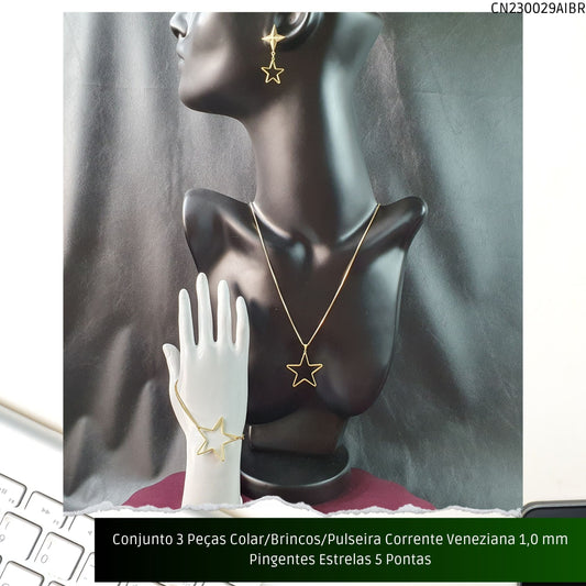 Conjunto 3 Peças Colar/Brincos/Pulseira Corrente Veneziana 1.0 mm Pingentes Estrelas 5 Pontas  - Código.: CN230029AIBR  - Peso.: 14.2 gr