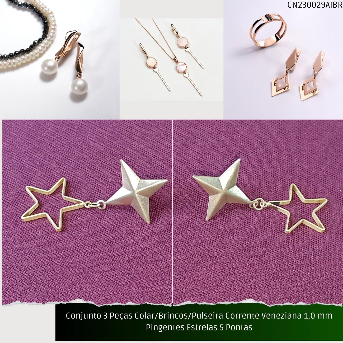 Conjunto 3 Peças Colar/Brincos/Pulseira Corrente Veneziana 1.0 mm Pingentes Estrelas 5 Pontas  - Código.: CN230029AIBR  - Peso.: 14.2 gr