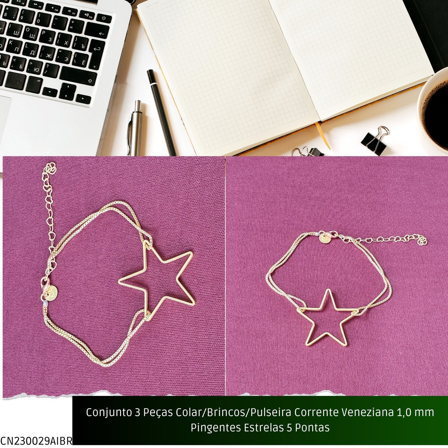 Conjunto 3 Peças Colar/Brincos/Pulseira Corrente Veneziana 1.0 mm Pingentes Estrelas 5 Pontas  - Código.: CN230029AIBR  - Peso.: 14.2 gr