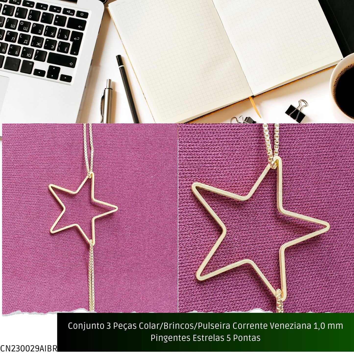 Conjunto 3 Peças Colar/Brincos/Pulseira Corrente Veneziana 1.0 mm Pingentes Estrelas 5 Pontas  - Código.: CN230029AIBR  - Peso.: 14.2 gr