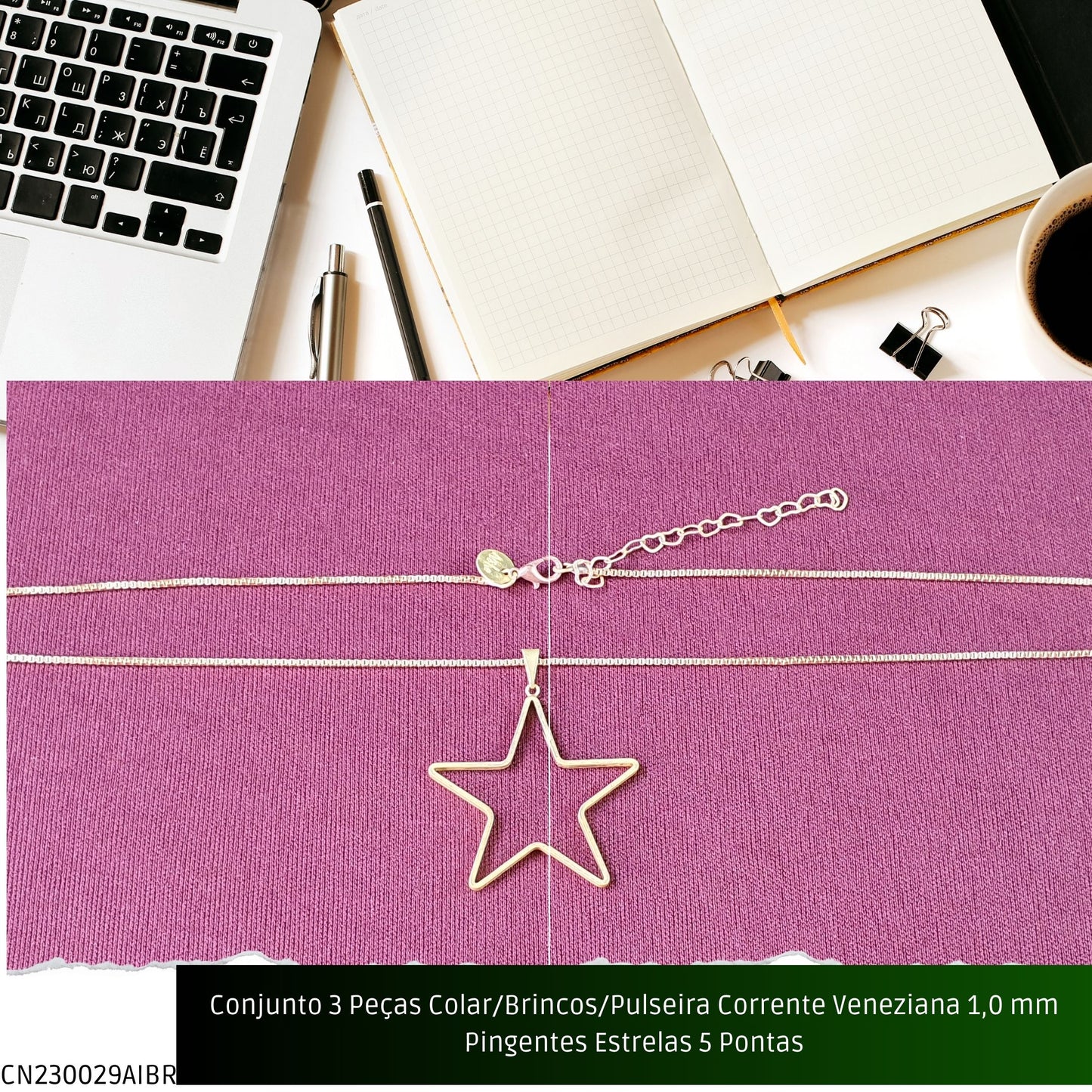 Conjunto 3 Peças Colar/Brincos/Pulseira Corrente Veneziana 1.0 mm Pingentes Estrelas 5 Pontas  - Código.: CN230029AIBR  - Peso.: 14.2 gr
