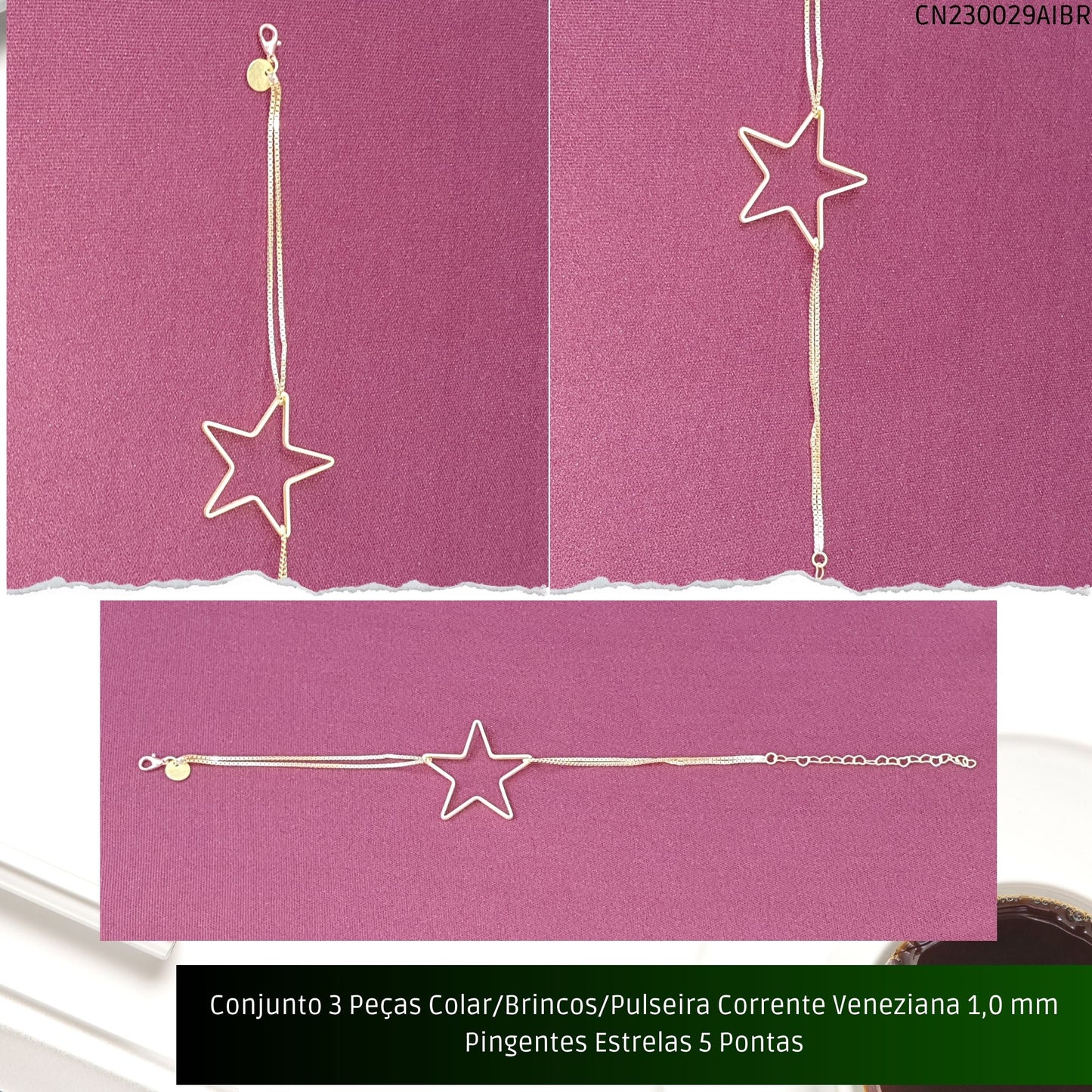 Conjunto 3 Peças Colar/Brincos/Pulseira Corrente Veneziana 1.0 mm Pingentes Estrelas 5 Pontas  - Código.: CN230029AIBR  - Peso.: 14.2 gr