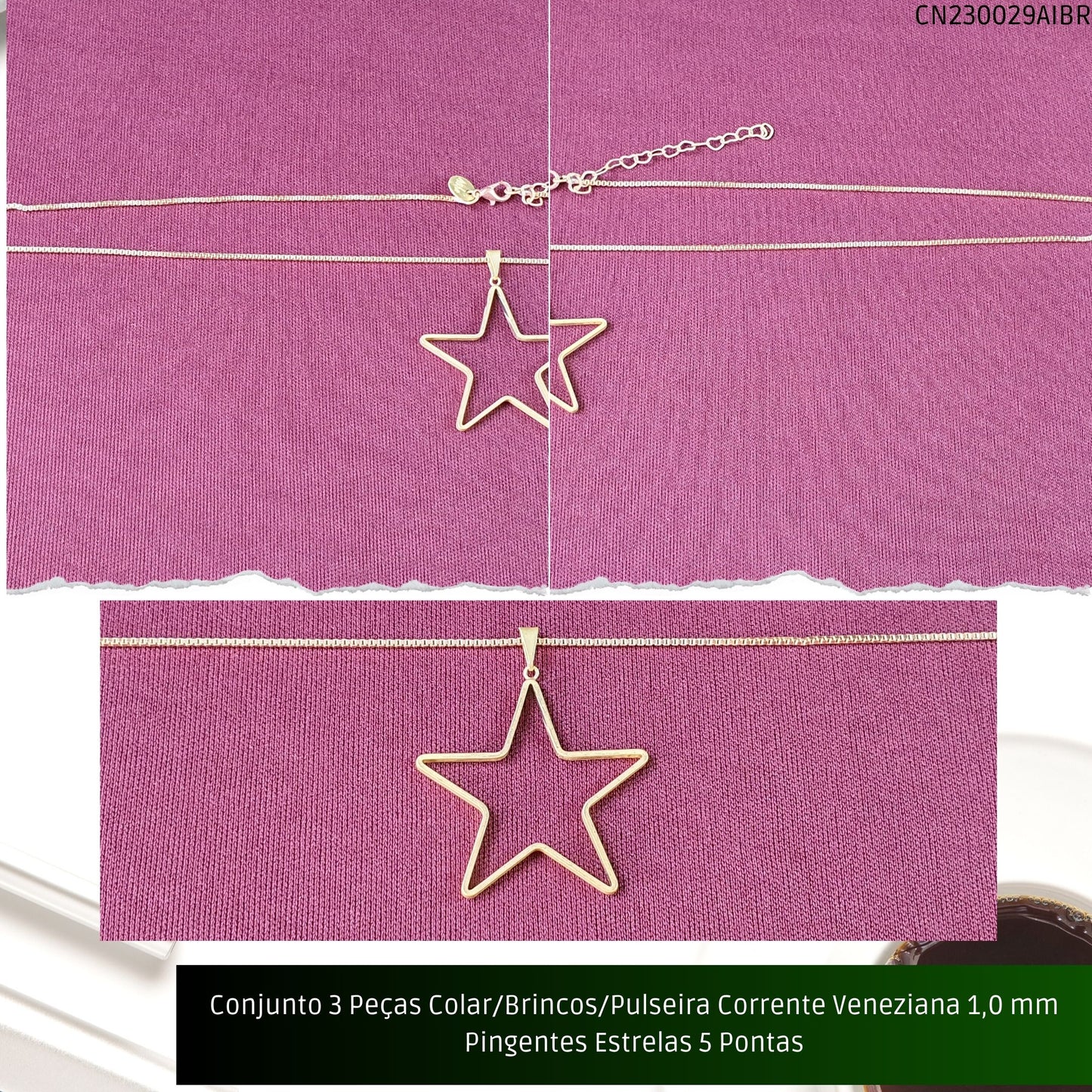 Conjunto 3 Peças Colar/Brincos/Pulseira Corrente Veneziana 1.0 mm Pingentes Estrelas 5 Pontas  - Código.: CN230029AIBR  - Peso.: 14.2 gr