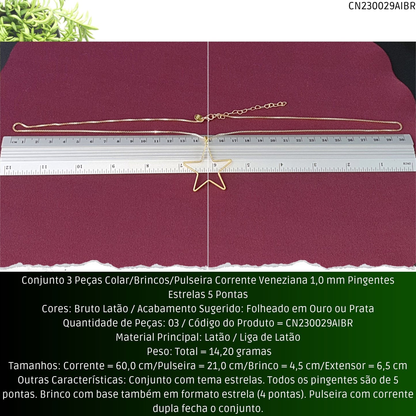 Conjunto 3 Peças Colar/Brincos/Pulseira Corrente Veneziana 1.0 mm Pingentes Estrelas 5 Pontas  - Código.: CN230029AIBR  - Peso.: 14.2 gr