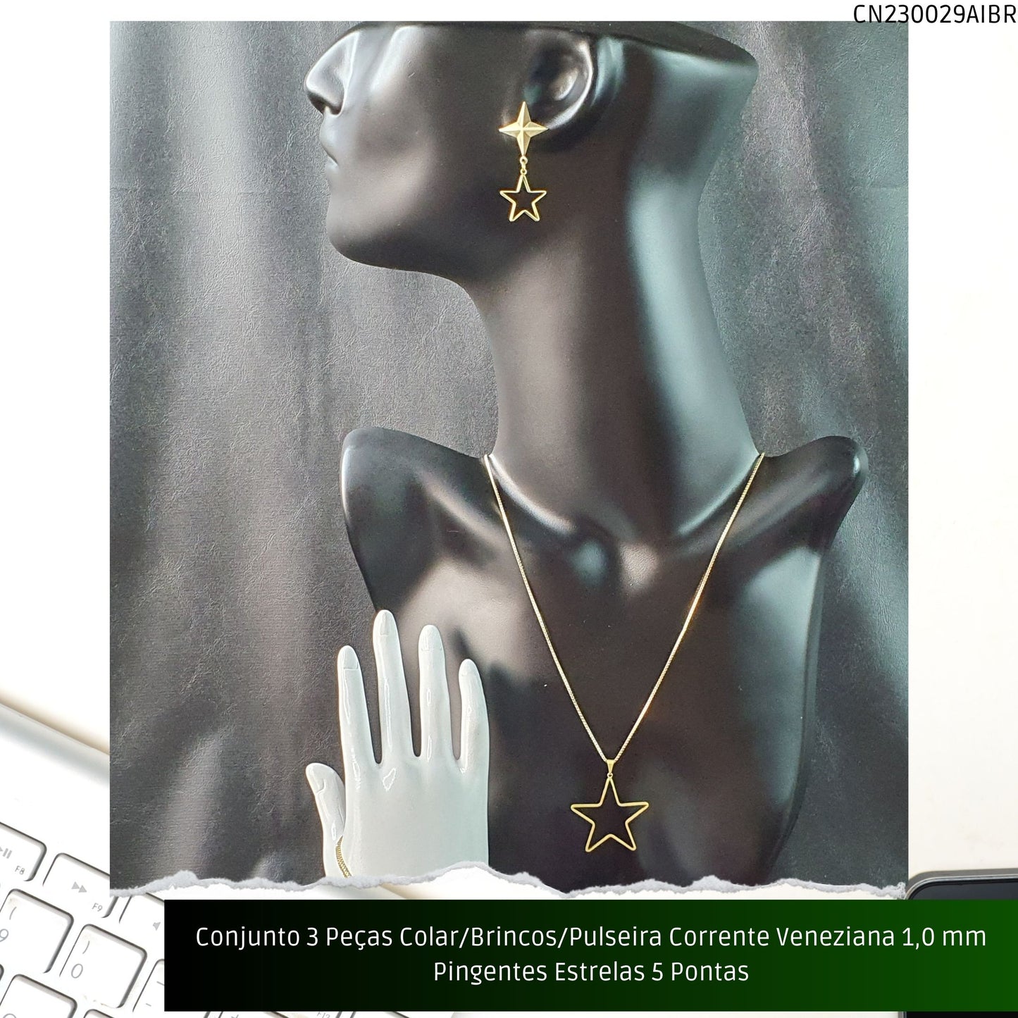 Conjunto 3 Peças Colar/Brincos/Pulseira Corrente Veneziana 1.0 mm Pingentes Estrelas 5 Pontas  - Código.: CN230029AIBR  - Peso.: 14.2 gr