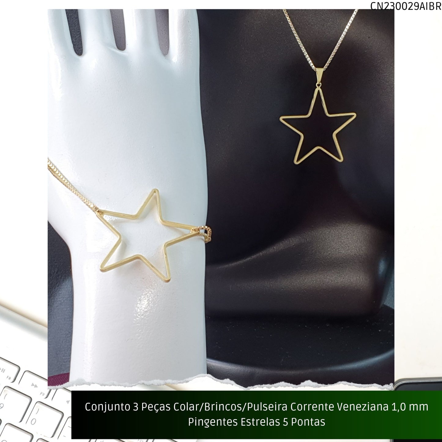 Conjunto 3 Peças Colar/Brincos/Pulseira Corrente Veneziana 1.0 mm Pingentes Estrelas 5 Pontas  - Código.: CN230029AIBR  - Peso.: 14.2 gr
