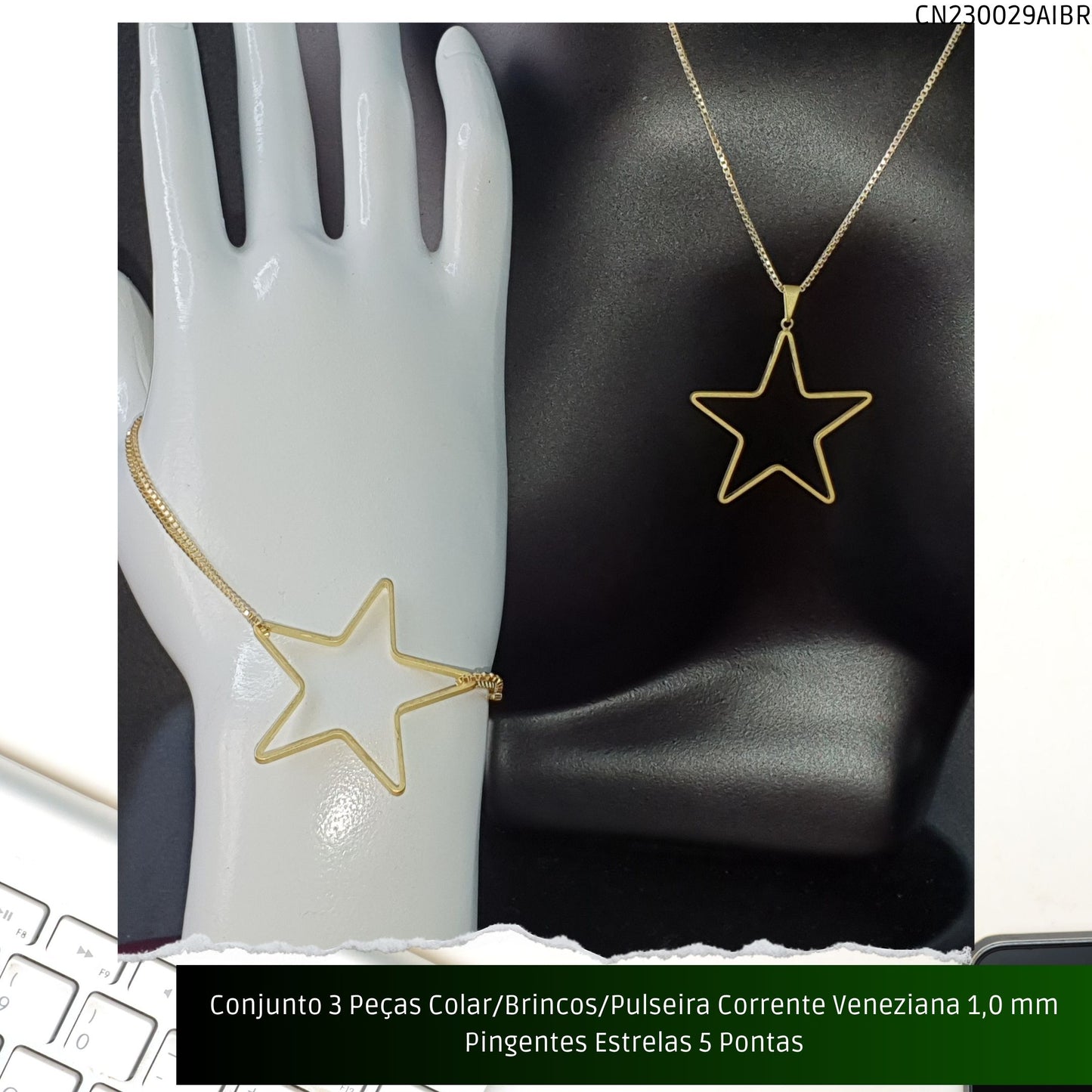 Conjunto 3 Peças Colar/Brincos/Pulseira Corrente Veneziana 1.0 mm Pingentes Estrelas 5 Pontas  - Código.: CN230029AIBR  - Peso.: 14.2 gr