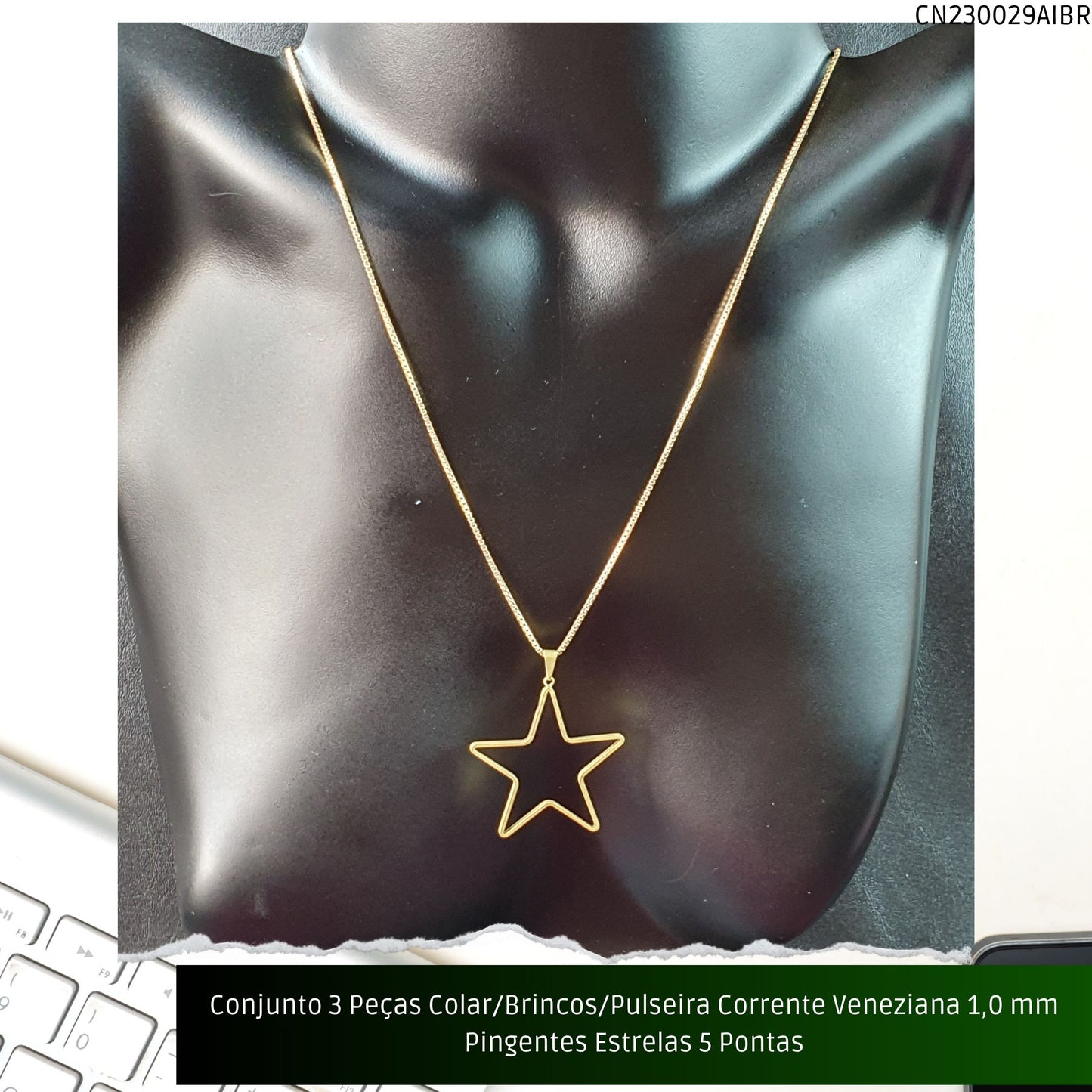 Conjunto 3 Peças Colar/Brincos/Pulseira Corrente Veneziana 1.0 mm Pingentes Estrelas 5 Pontas  - Código.: CN230029AIBR  - Peso.: 14.2 gr