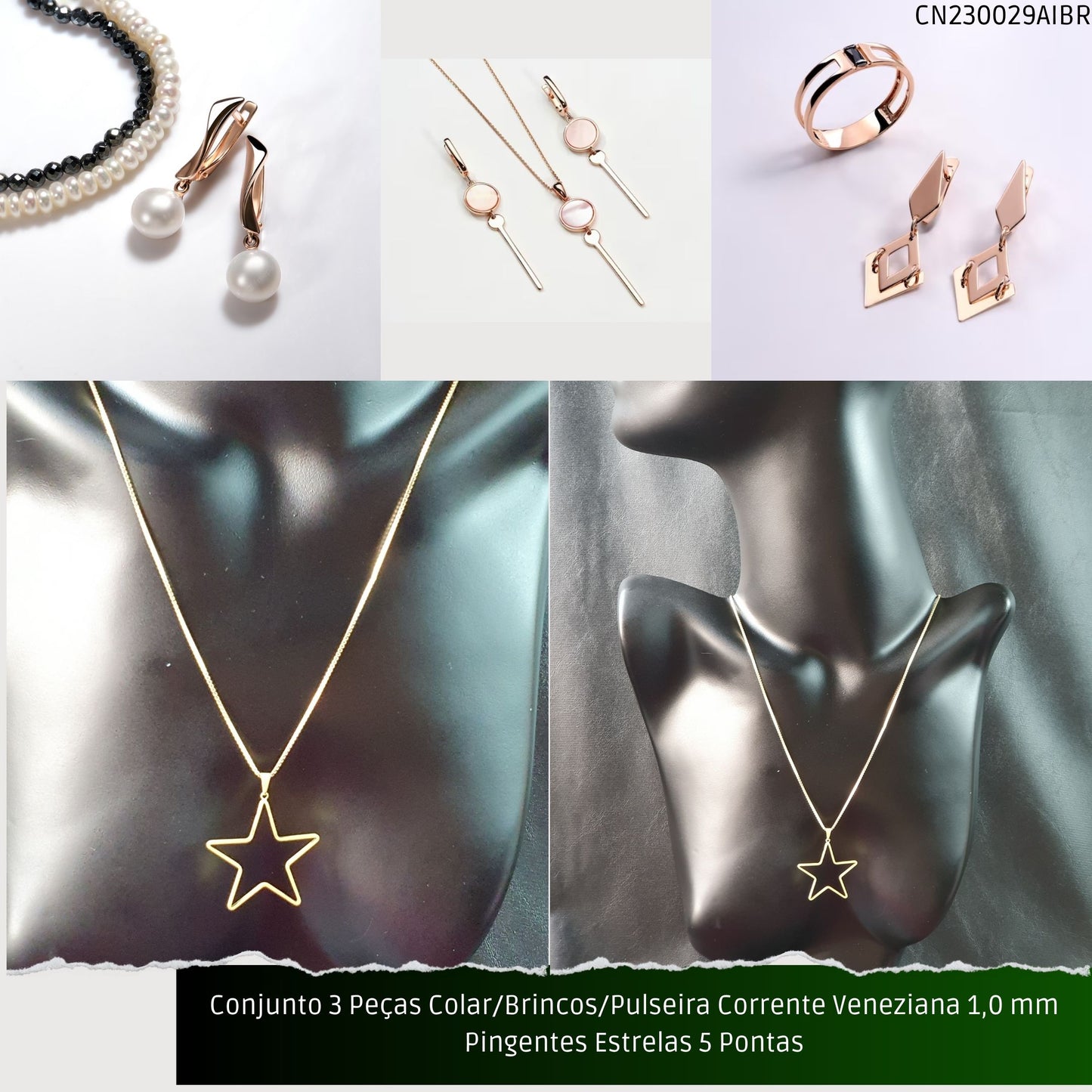 Conjunto 3 Peças Colar/Brincos/Pulseira Corrente Veneziana 1.0 mm Pingentes Estrelas 5 Pontas  - Código.: CN230029AIBR  - Peso.: 14.2 gr