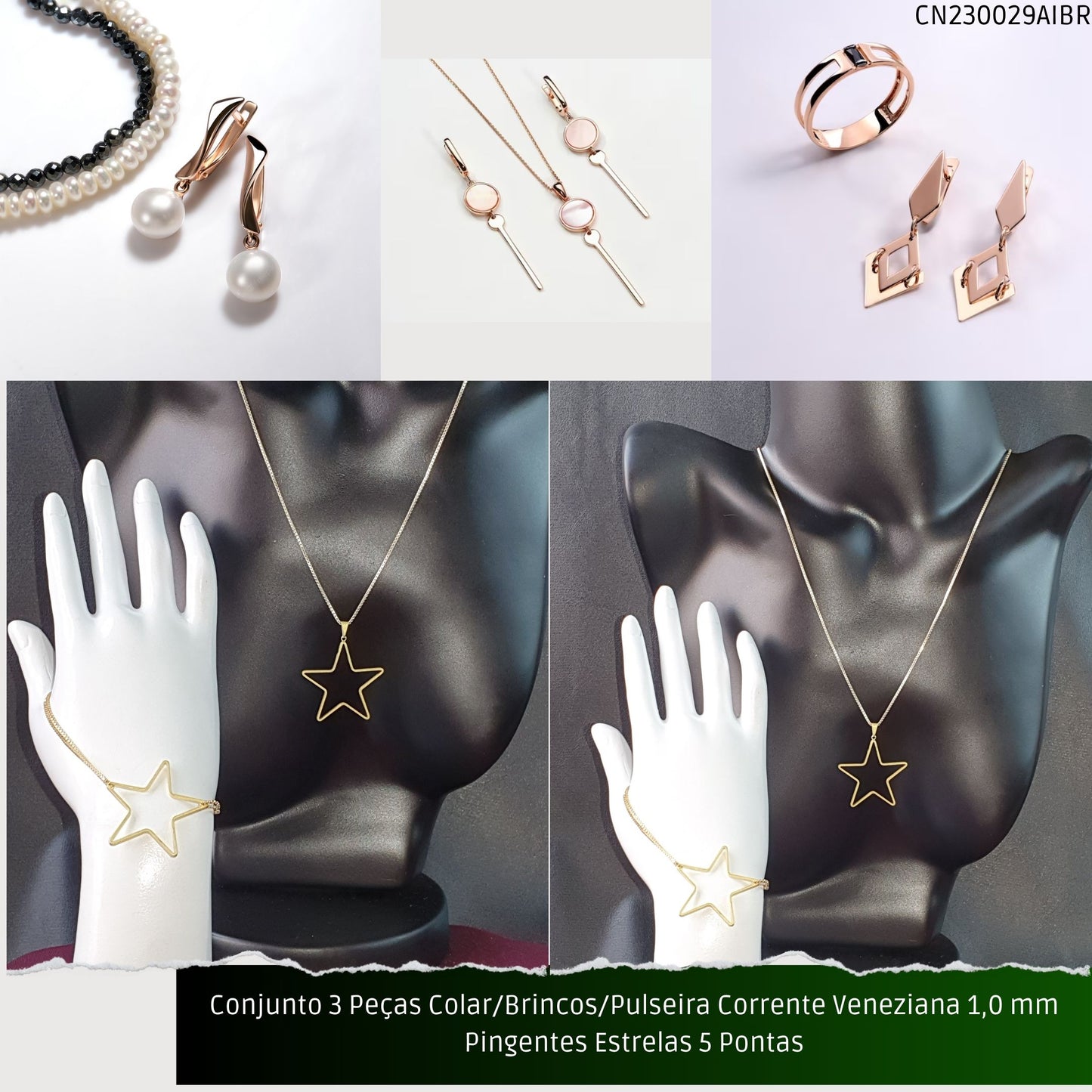 Conjunto 3 Peças Colar/Brincos/Pulseira Corrente Veneziana 1.0 mm Pingentes Estrelas 5 Pontas  - Código.: CN230029AIBR  - Peso.: 14.2 gr