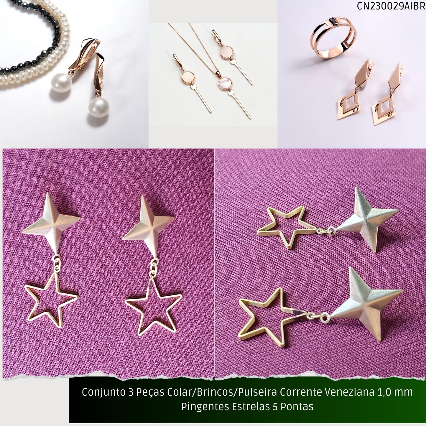 Conjunto 3 Peças Colar/Brincos/Pulseira Corrente Veneziana 1.0 mm Pingentes Estrelas 5 Pontas  - Código.: CN230029AIBR  - Peso.: 14.2 gr