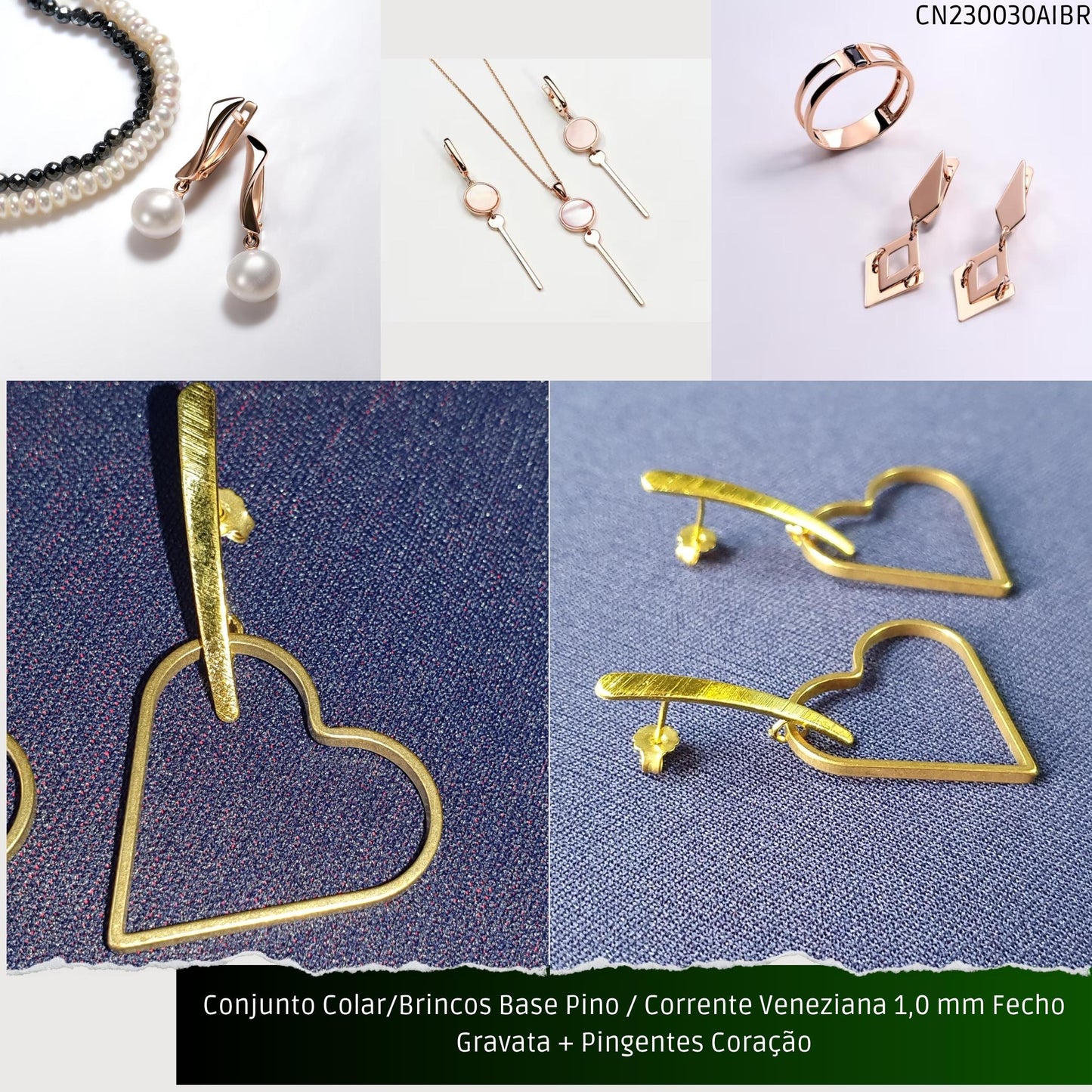 Conjunto Colar/Brincos Base Pino / Corrente Veneziana 1.0 mm Fecho Gravata + Pingentes Coração  - Código.: CN230030AIBR  - Peso.: 12.5 gr