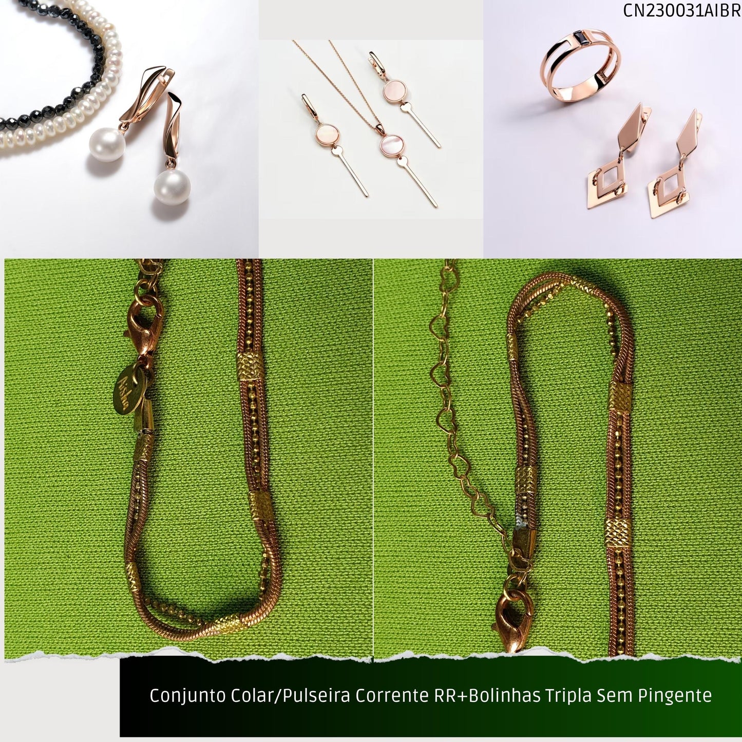 Conjunto Colar/Pulseira Corrente RR+Bolinhas Tripla Sem Pingente  - Código.: CN230031AIBR  - Peso.: 17.7 gr