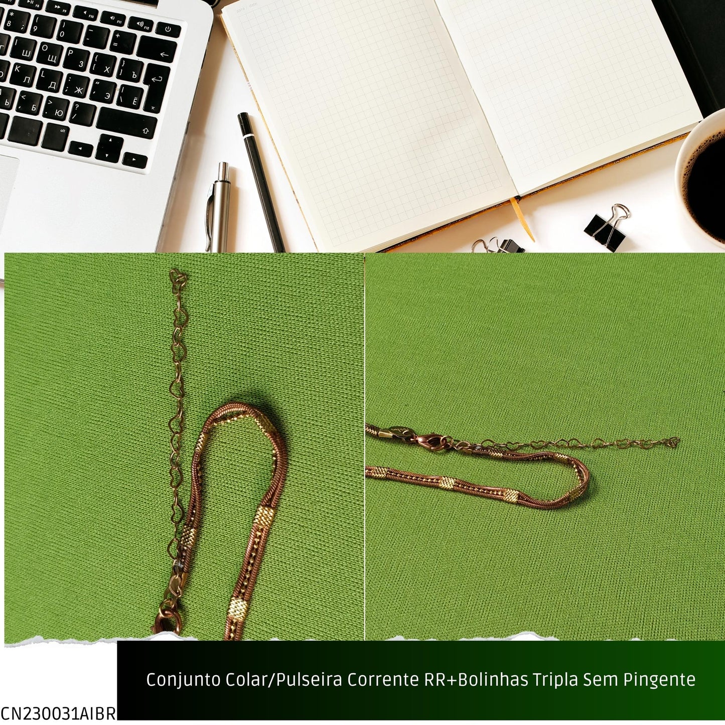 Conjunto Colar/Pulseira Corrente RR+Bolinhas Tripla Sem Pingente  - Código.: CN230031AIBR  - Peso.: 17.7 gr