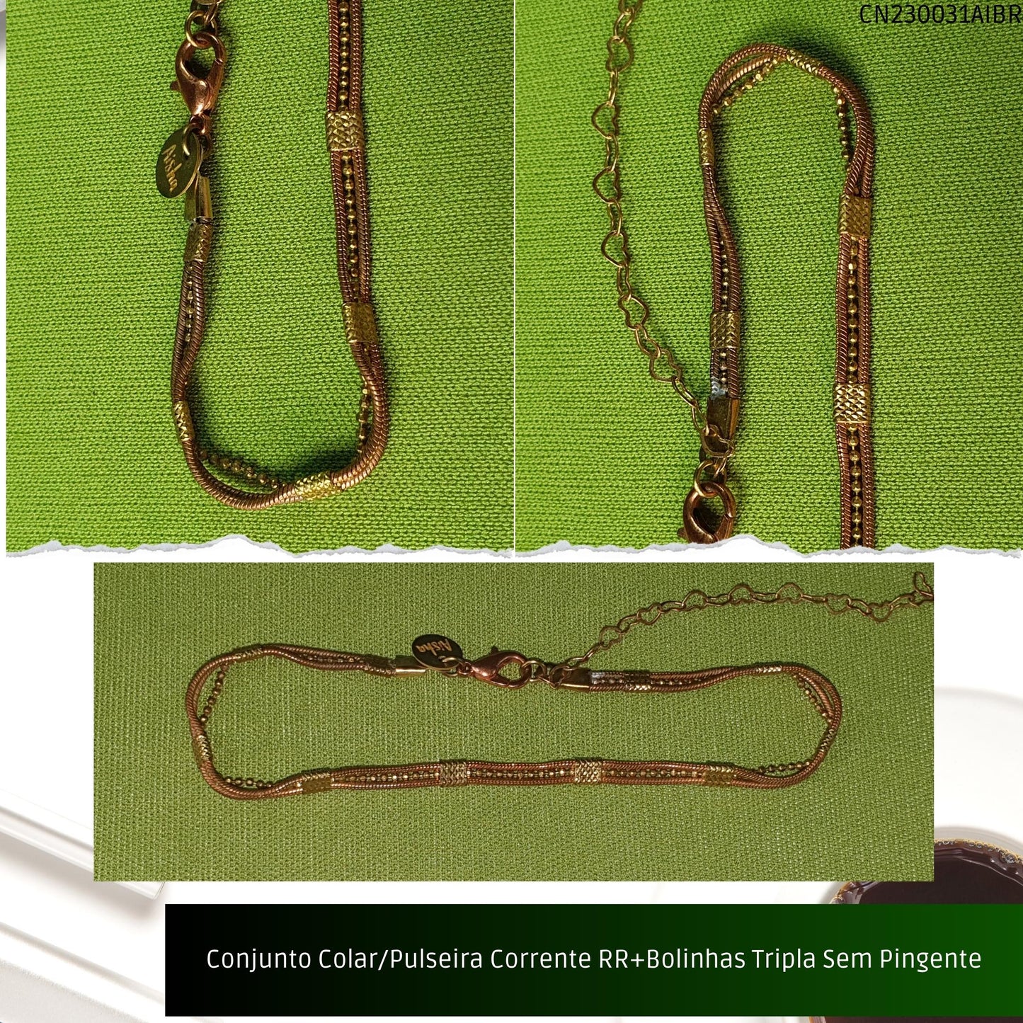 Conjunto Colar/Pulseira Corrente RR+Bolinhas Tripla Sem Pingente  - Código.: CN230031AIBR  - Peso.: 17.7 gr