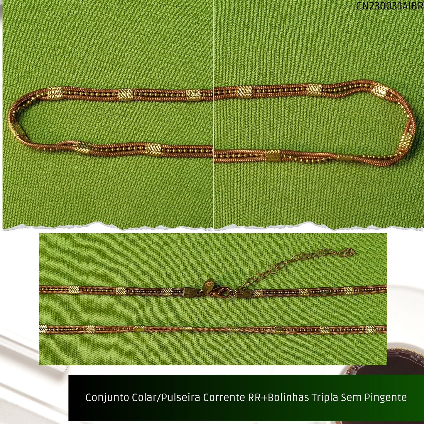 Conjunto Colar/Pulseira Corrente RR+Bolinhas Tripla Sem Pingente  - Código.: CN230031AIBR  - Peso.: 17.7 gr