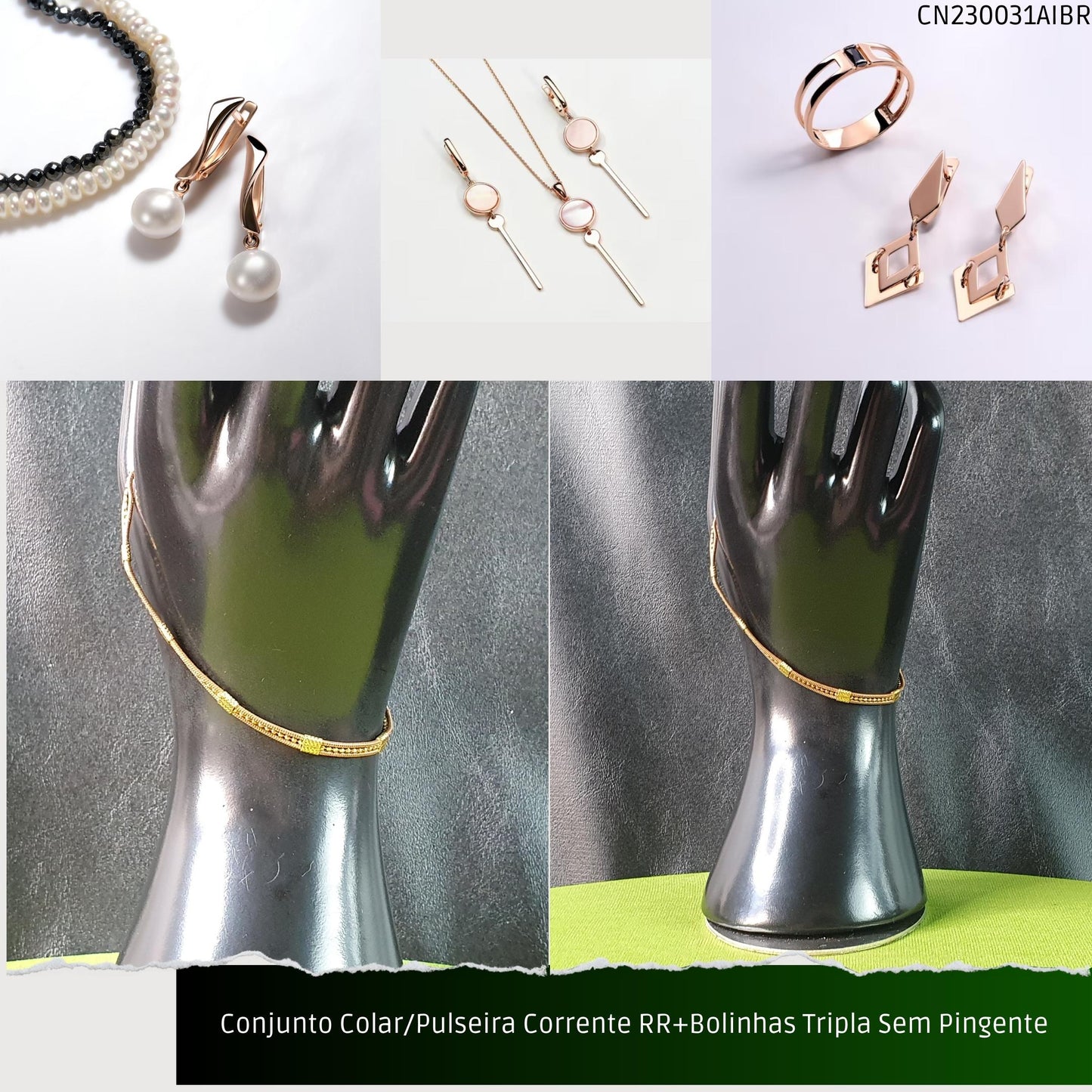 Conjunto Colar/Pulseira Corrente RR+Bolinhas Tripla Sem Pingente  - Código.: CN230031AIBR  - Peso.: 17.7 gr