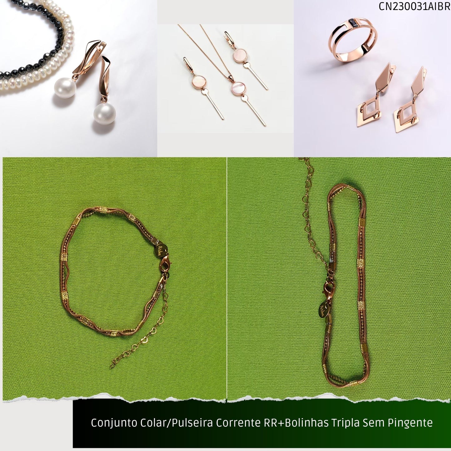 Conjunto Colar/Pulseira Corrente RR+Bolinhas Tripla Sem Pingente  - Código.: CN230031AIBR  - Peso.: 17.7 gr