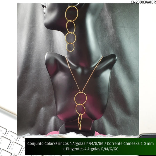 Conjunto Colar/Brincos 4 Argolas P/M/G/GG / Corrente Chineska 2.0 mm + Pingentes 4 Argolas P/M/G/GG  - Código.: CN230034AIBR  - Peso.: 38.5 gr