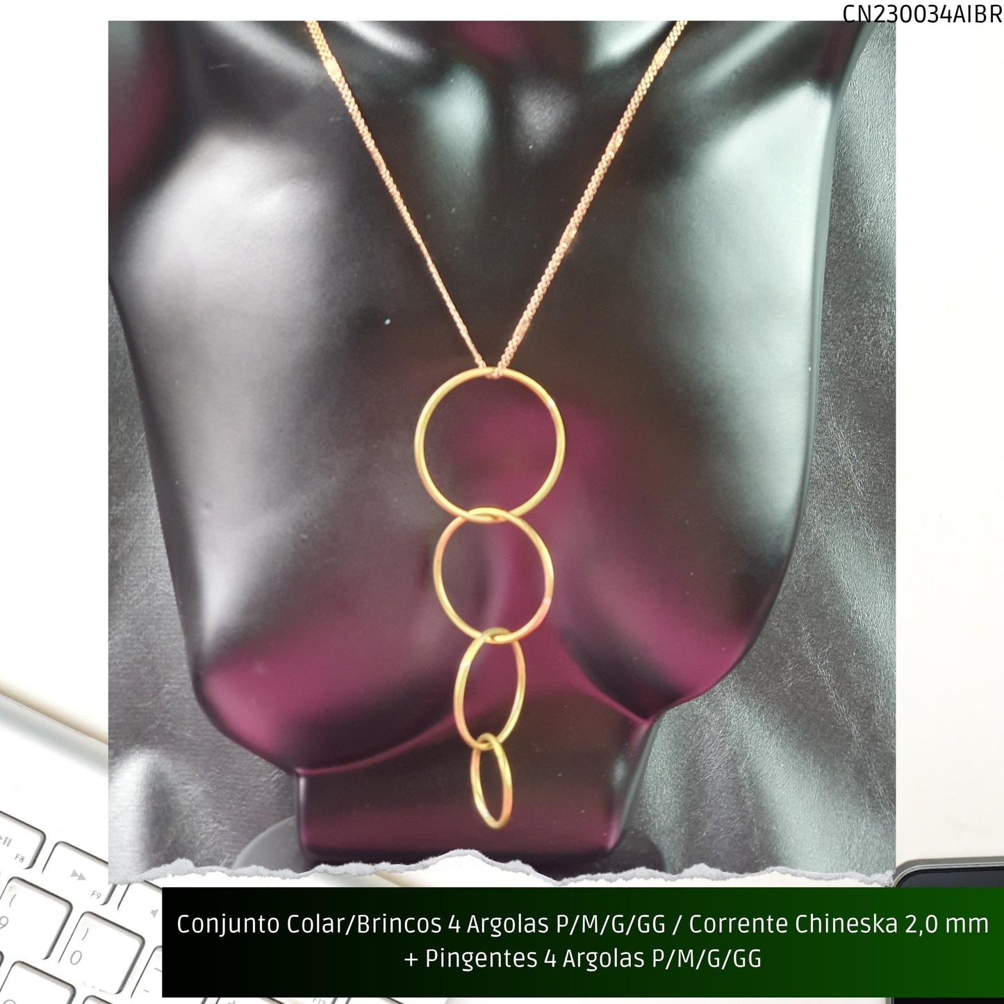 Conjunto Colar/Brincos 4 Argolas P/M/G/GG / Corrente Chineska 2.0 mm + Pingentes 4 Argolas P/M/G/GG  - Código.: CN230034AIBR  - Peso.: 38.5 gr