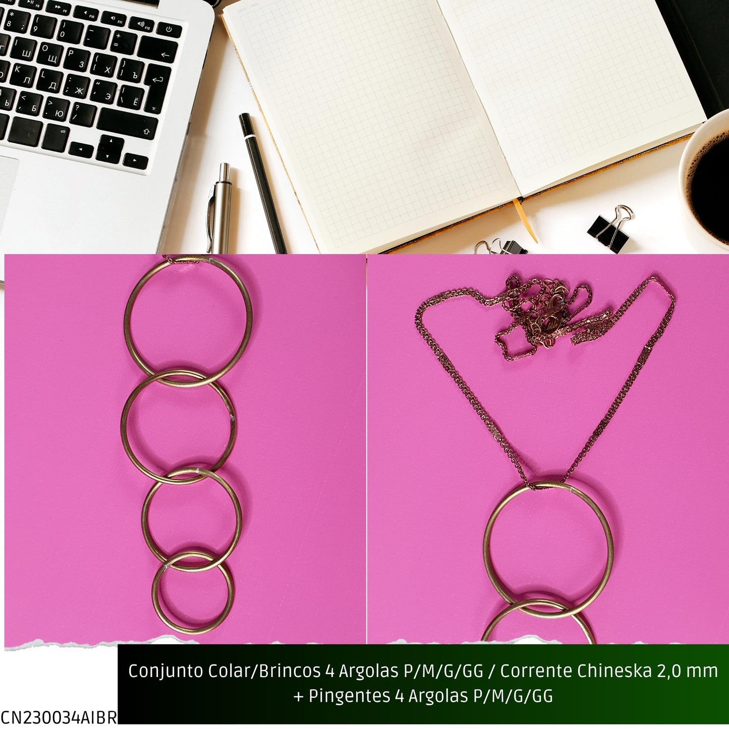 Conjunto Colar/Brincos 4 Argolas P/M/G/GG / Corrente Chineska 2.0 mm + Pingentes 4 Argolas P/M/G/GG  - Código.: CN230034AIBR  - Peso.: 38.5 gr
