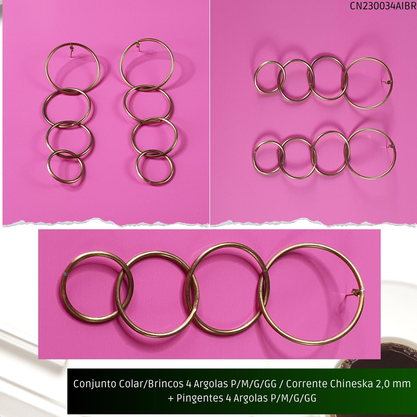 Conjunto Colar/Brincos 4 Argolas P/M/G/GG / Corrente Chineska 2.0 mm + Pingentes 4 Argolas P/M/G/GG  - Código.: CN230034AIBR  - Peso.: 38.5 gr
