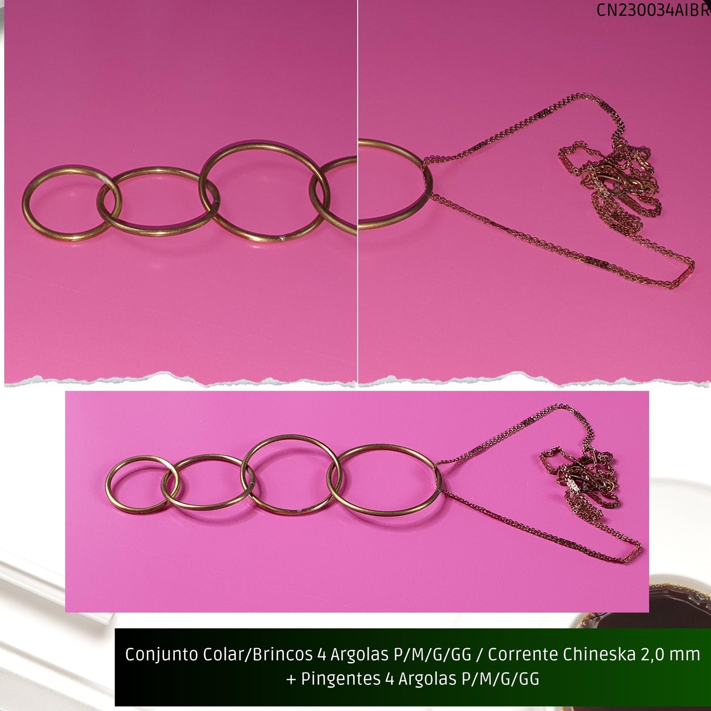 Conjunto Colar/Brincos 4 Argolas P/M/G/GG / Corrente Chineska 2.0 mm + Pingentes 4 Argolas P/M/G/GG  - Código.: CN230034AIBR  - Peso.: 38.5 gr