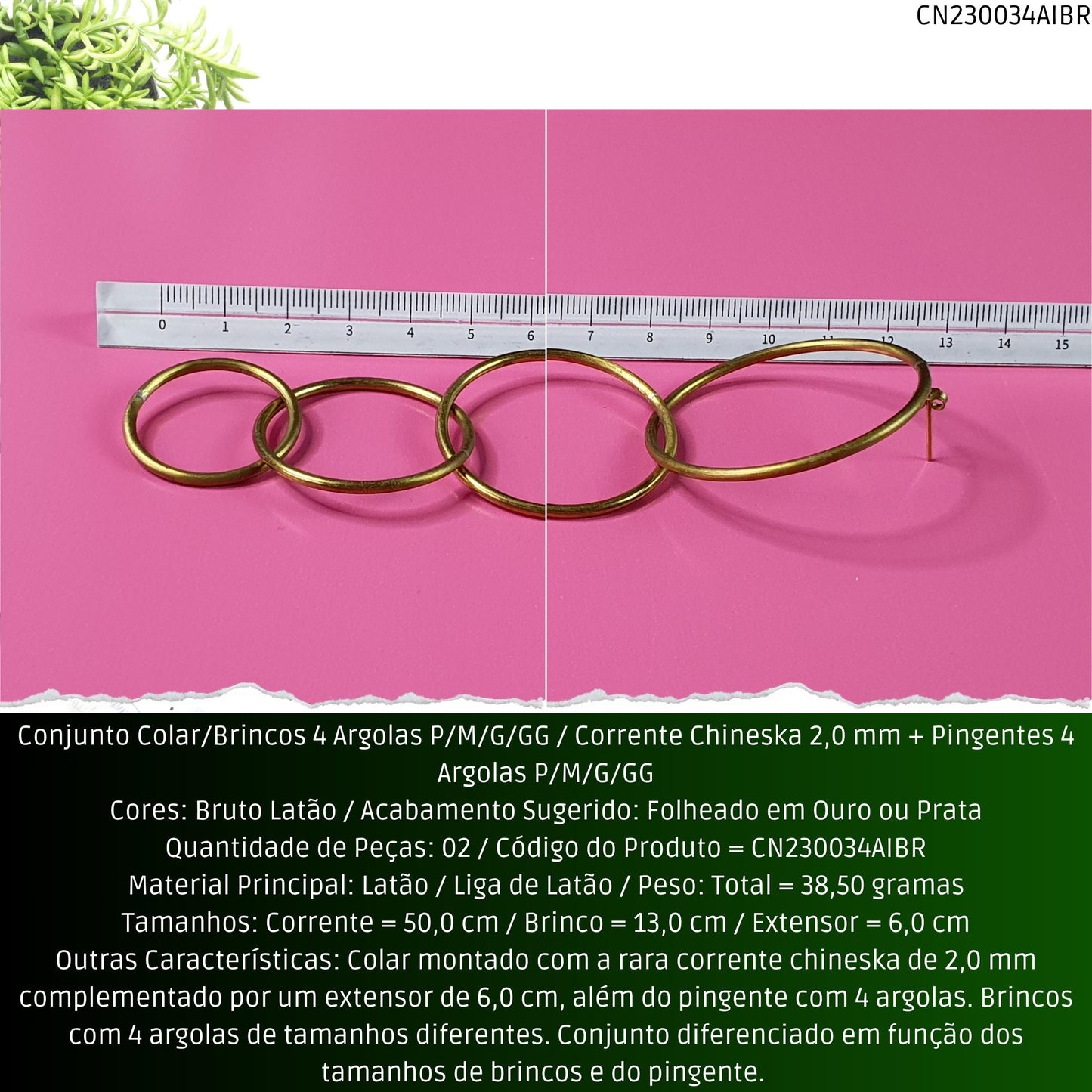 Conjunto Colar/Brincos 4 Argolas P/M/G/GG / Corrente Chineska 2.0 mm + Pingentes 4 Argolas P/M/G/GG  - Código.: CN230034AIBR  - Peso.: 38.5 gr