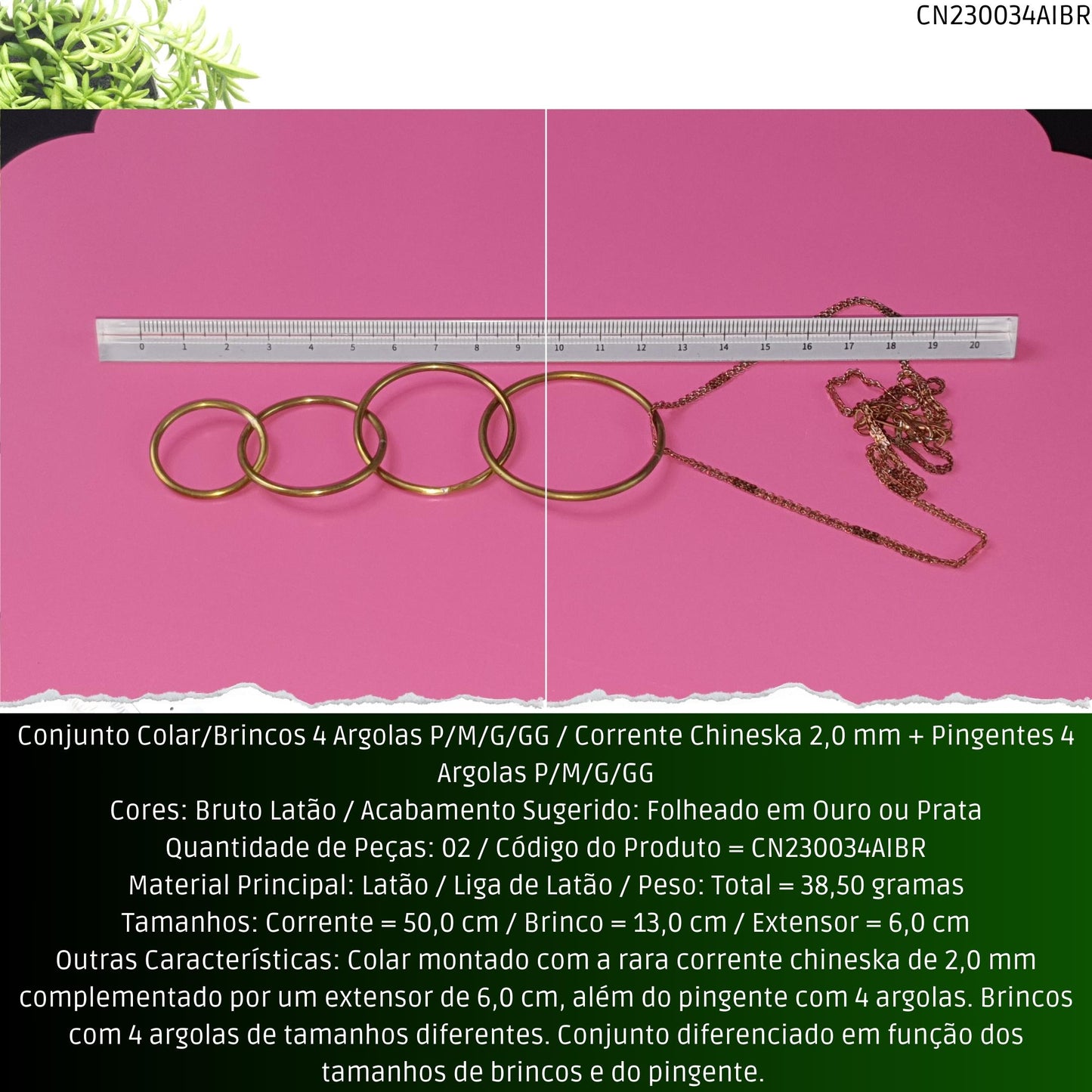 Conjunto Colar/Brincos 4 Argolas P/M/G/GG / Corrente Chineska 2.0 mm + Pingentes 4 Argolas P/M/G/GG  - Código.: CN230034AIBR  - Peso.: 38.5 gr
