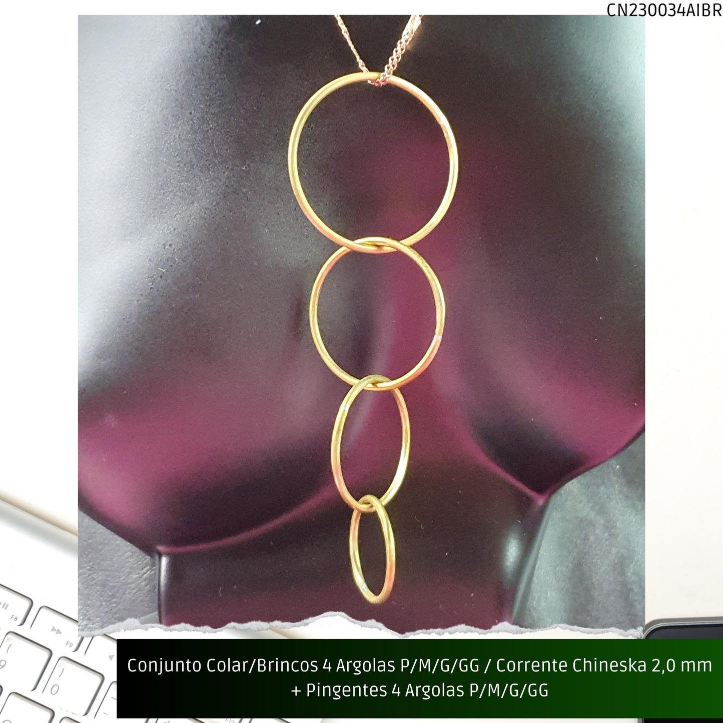 Conjunto Colar/Brincos 4 Argolas P/M/G/GG / Corrente Chineska 2.0 mm + Pingentes 4 Argolas P/M/G/GG  - Código.: CN230034AIBR  - Peso.: 38.5 gr
