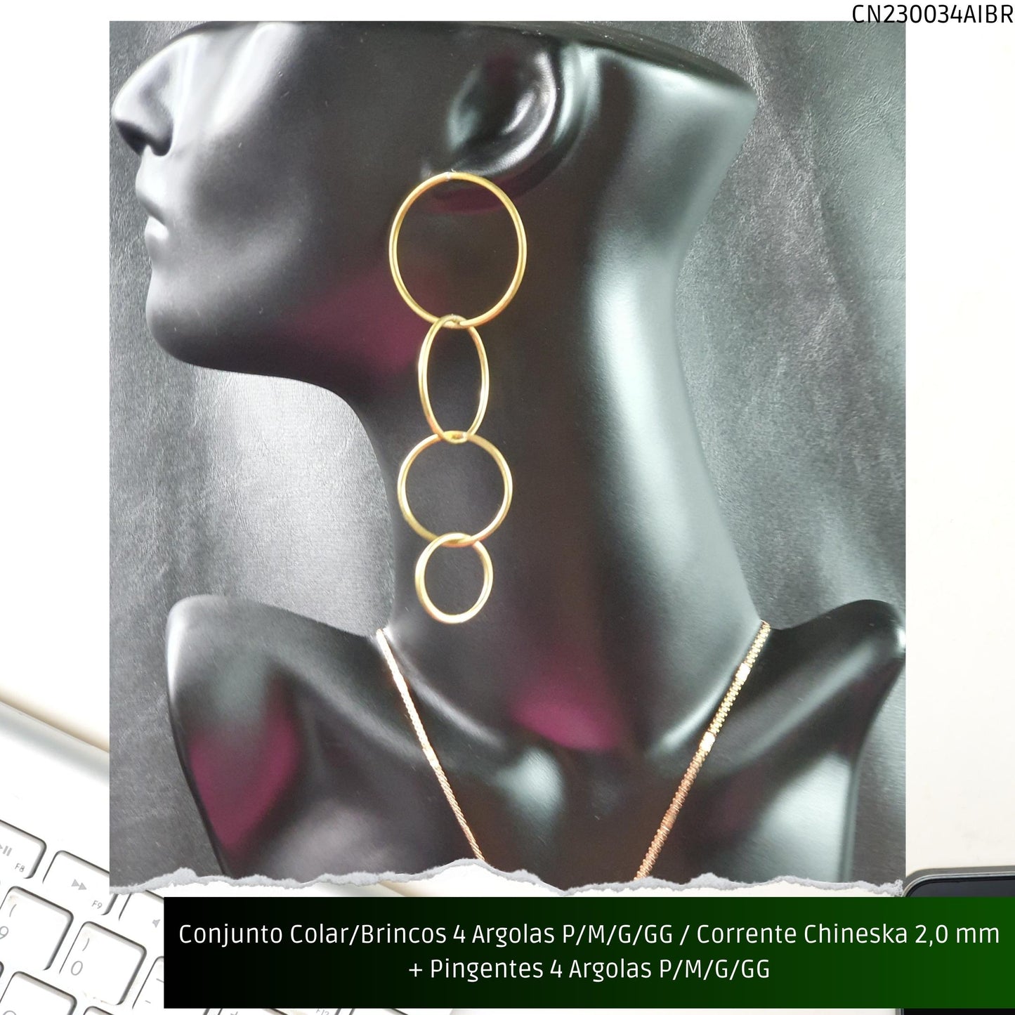 Conjunto Colar/Brincos 4 Argolas P/M/G/GG / Corrente Chineska 2.0 mm + Pingentes 4 Argolas P/M/G/GG  - Código.: CN230034AIBR  - Peso.: 38.5 gr