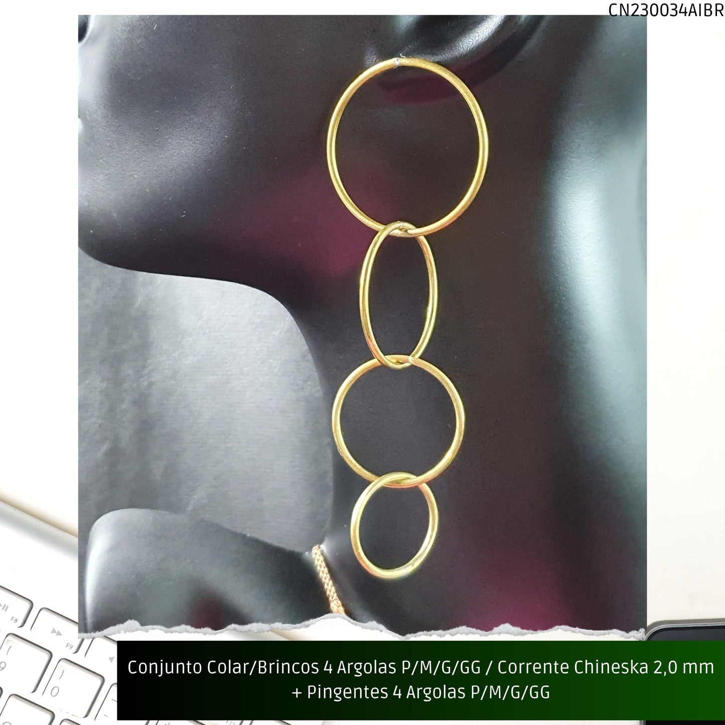 Conjunto Colar/Brincos 4 Argolas P/M/G/GG / Corrente Chineska 2.0 mm + Pingentes 4 Argolas P/M/G/GG  - Código.: CN230034AIBR  - Peso.: 38.5 gr
