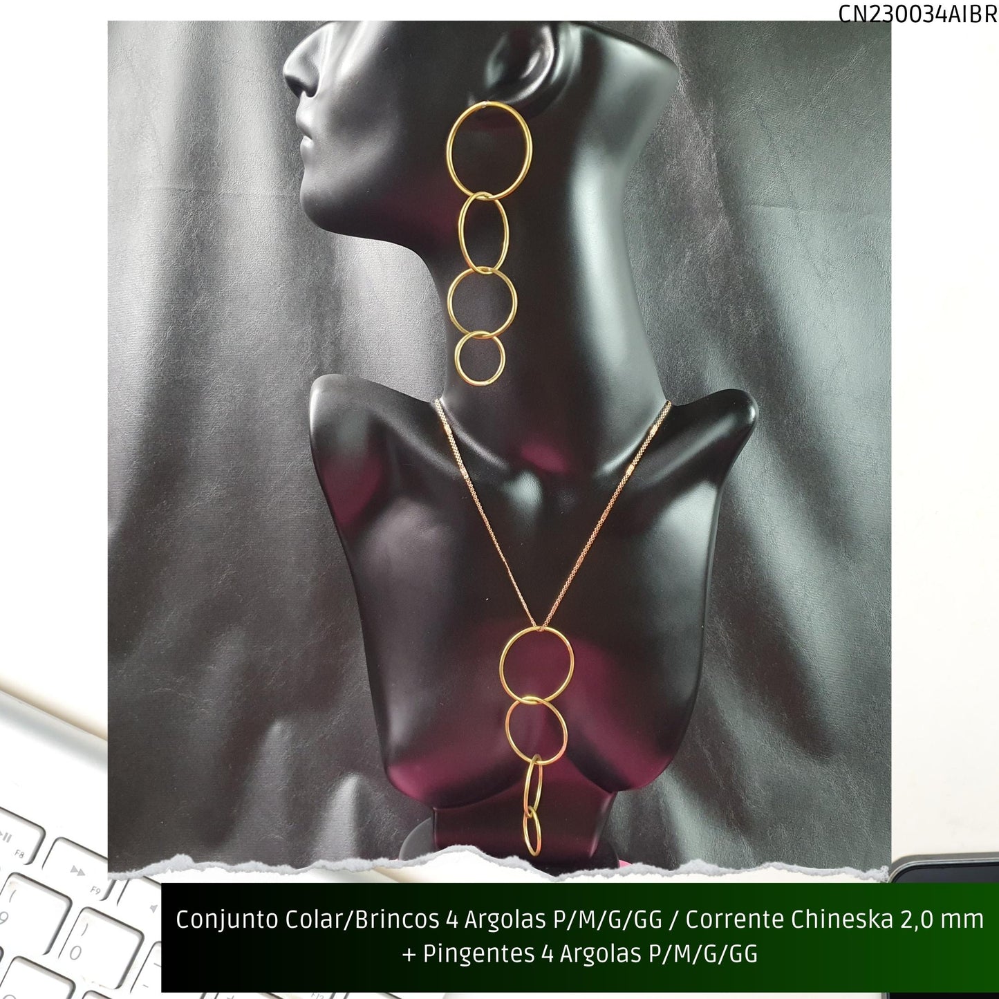 Conjunto Colar/Brincos 4 Argolas P/M/G/GG / Corrente Chineska 2.0 mm + Pingentes 4 Argolas P/M/G/GG  - Código.: CN230034AIBR  - Peso.: 38.5 gr