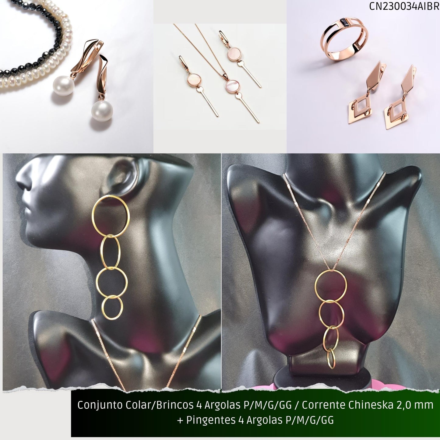 Conjunto Colar/Brincos 4 Argolas P/M/G/GG / Corrente Chineska 2.0 mm + Pingentes 4 Argolas P/M/G/GG  - Código.: CN230034AIBR  - Peso.: 38.5 gr