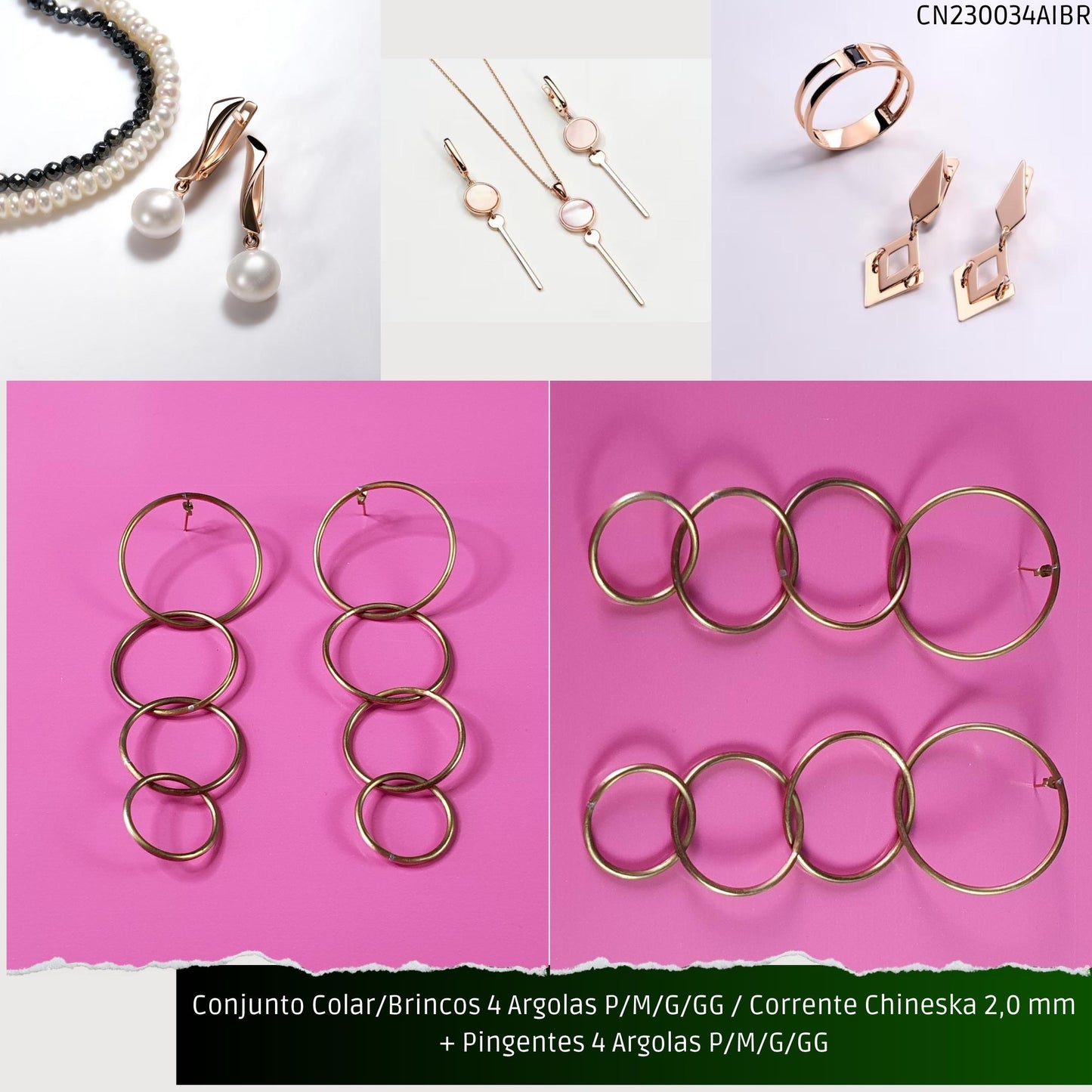 Conjunto Colar/Brincos 4 Argolas P/M/G/GG / Corrente Chineska 2.0 mm + Pingentes 4 Argolas P/M/G/GG  - Código.: CN230034AIBR  - Peso.: 38.5 gr