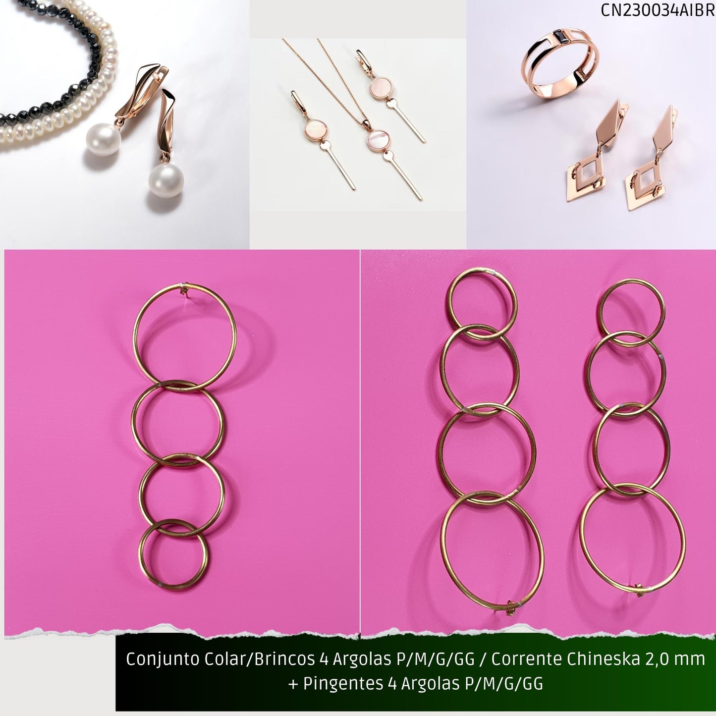Conjunto Colar/Brincos 4 Argolas P/M/G/GG / Corrente Chineska 2.0 mm + Pingentes 4 Argolas P/M/G/GG  - Código.: CN230034AIBR  - Peso.: 38.5 gr