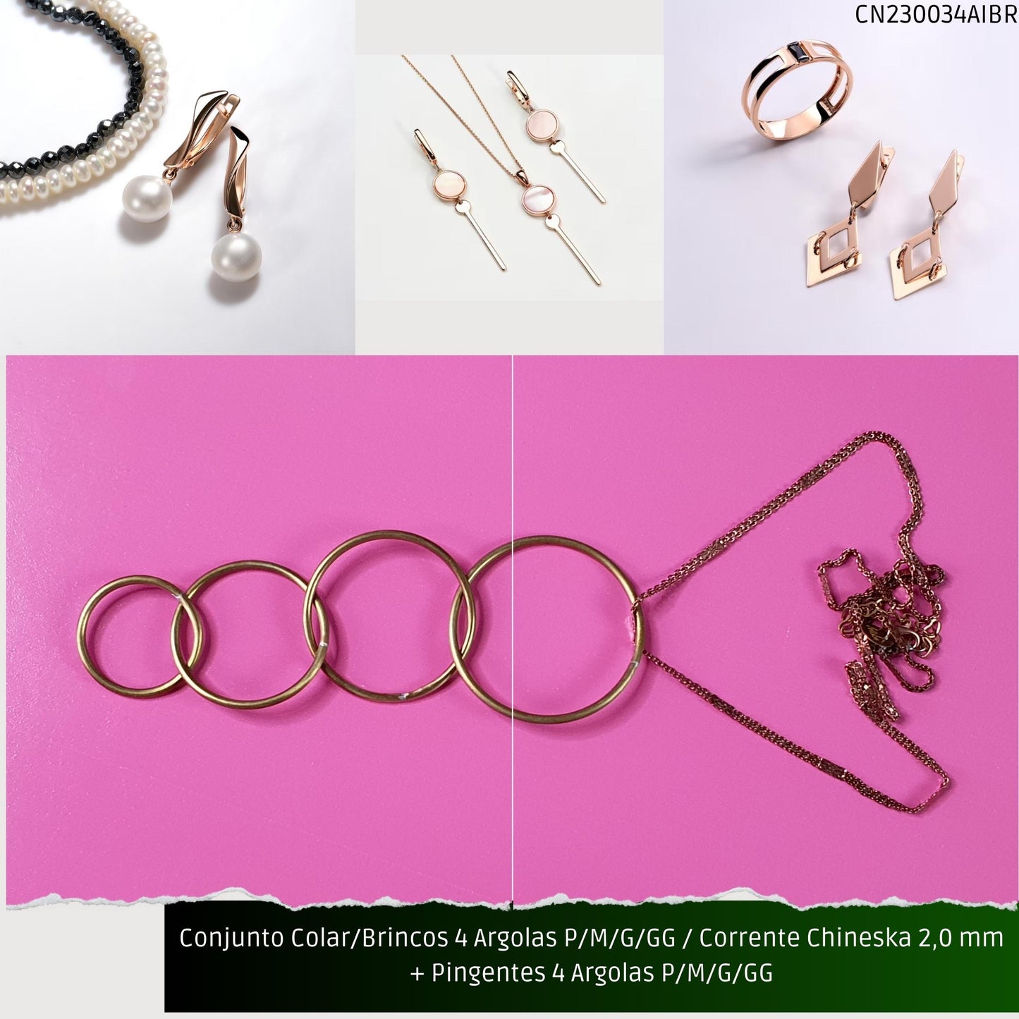 Conjunto Colar/Brincos 4 Argolas P/M/G/GG / Corrente Chineska 2.0 mm + Pingentes 4 Argolas P/M/G/GG  - Código.: CN230034AIBR  - Peso.: 38.5 gr