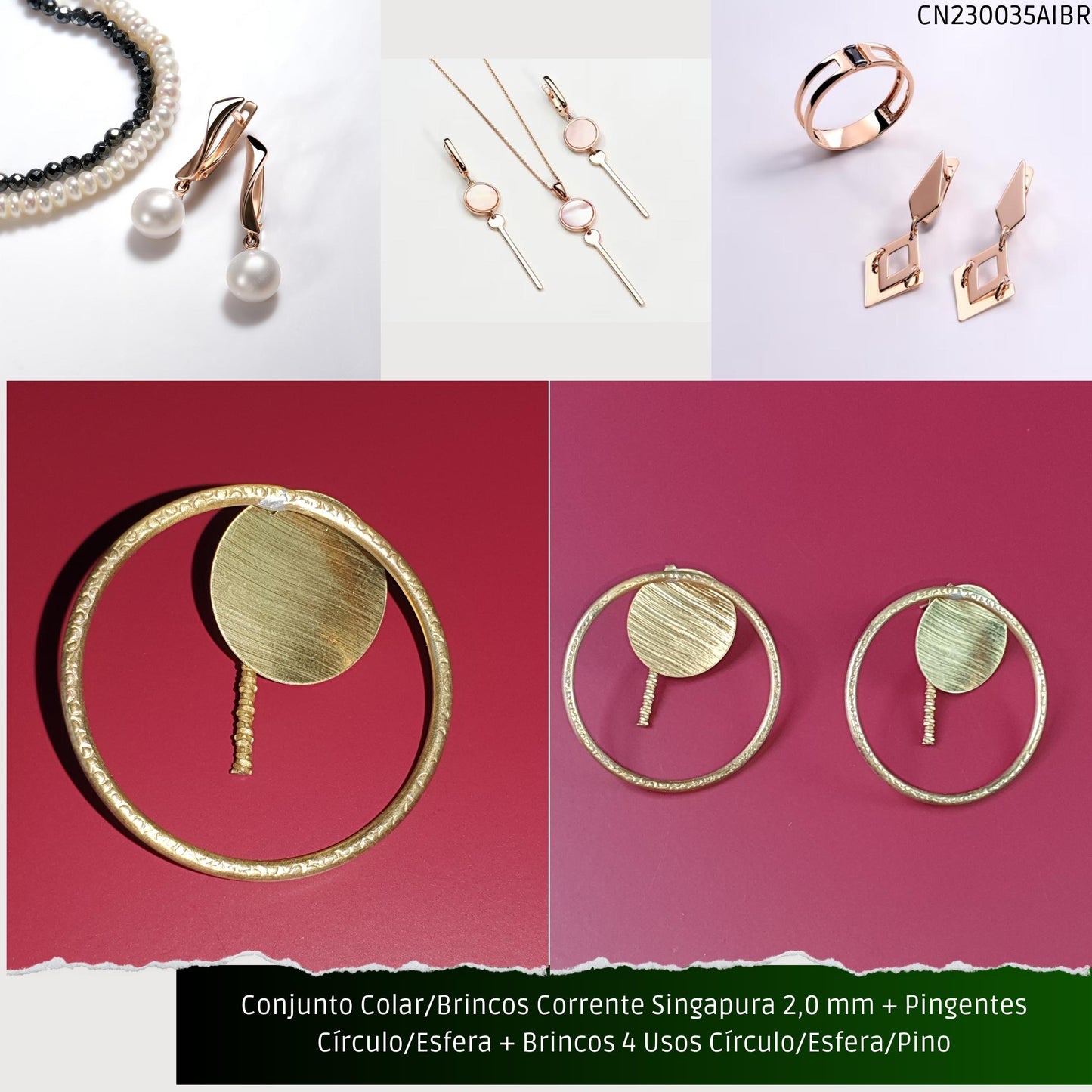Conjunto Colar/Brincos Corrente Singapura 2.0 mm + Pingentes Círculo/Esfera + Brincos 3 Usos Círculo/Esfera/Pino  - Código.: CN230035AIBR  - Peso.: 17.5 gr