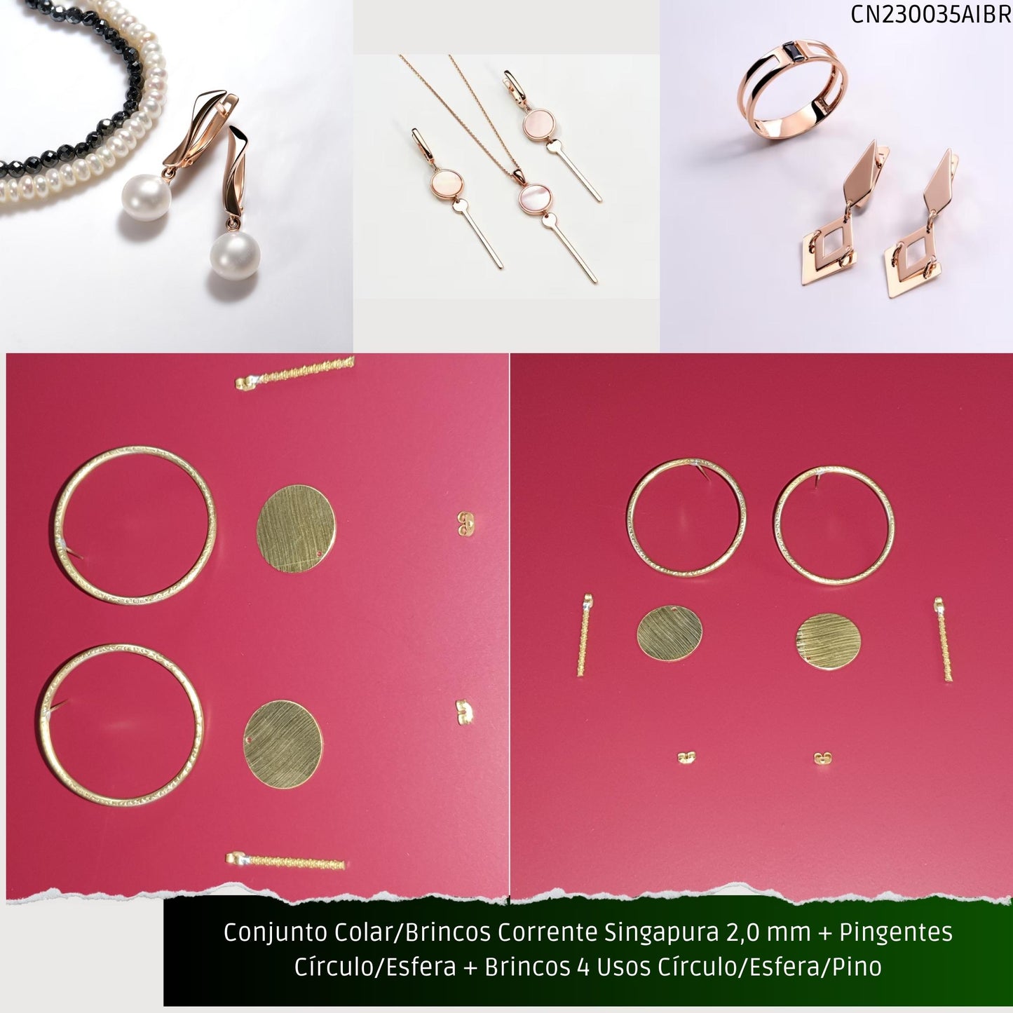 Conjunto Colar/Brincos Corrente Singapura 2.0 mm + Pingentes Círculo/Esfera + Brincos 3 Usos Círculo/Esfera/Pino  - Código.: CN230035AIBR  - Peso.: 17.5 gr