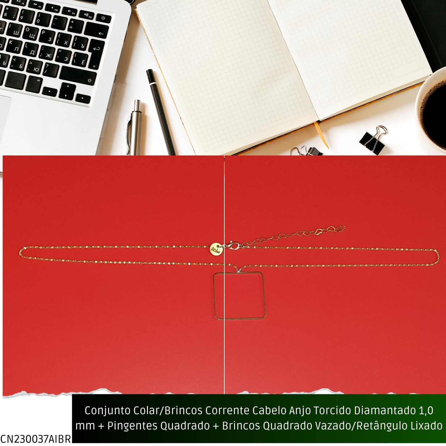 Conjunto Colar/Brincos Corrente Cabelo Anjo Torcido Diamantado 1.0 mm + Pingentes Quadrado + Brincos Quadrado Vazado/Retângulo Lixado  - Código.: CN230037AIBR  - Peso.: 6.2 gr