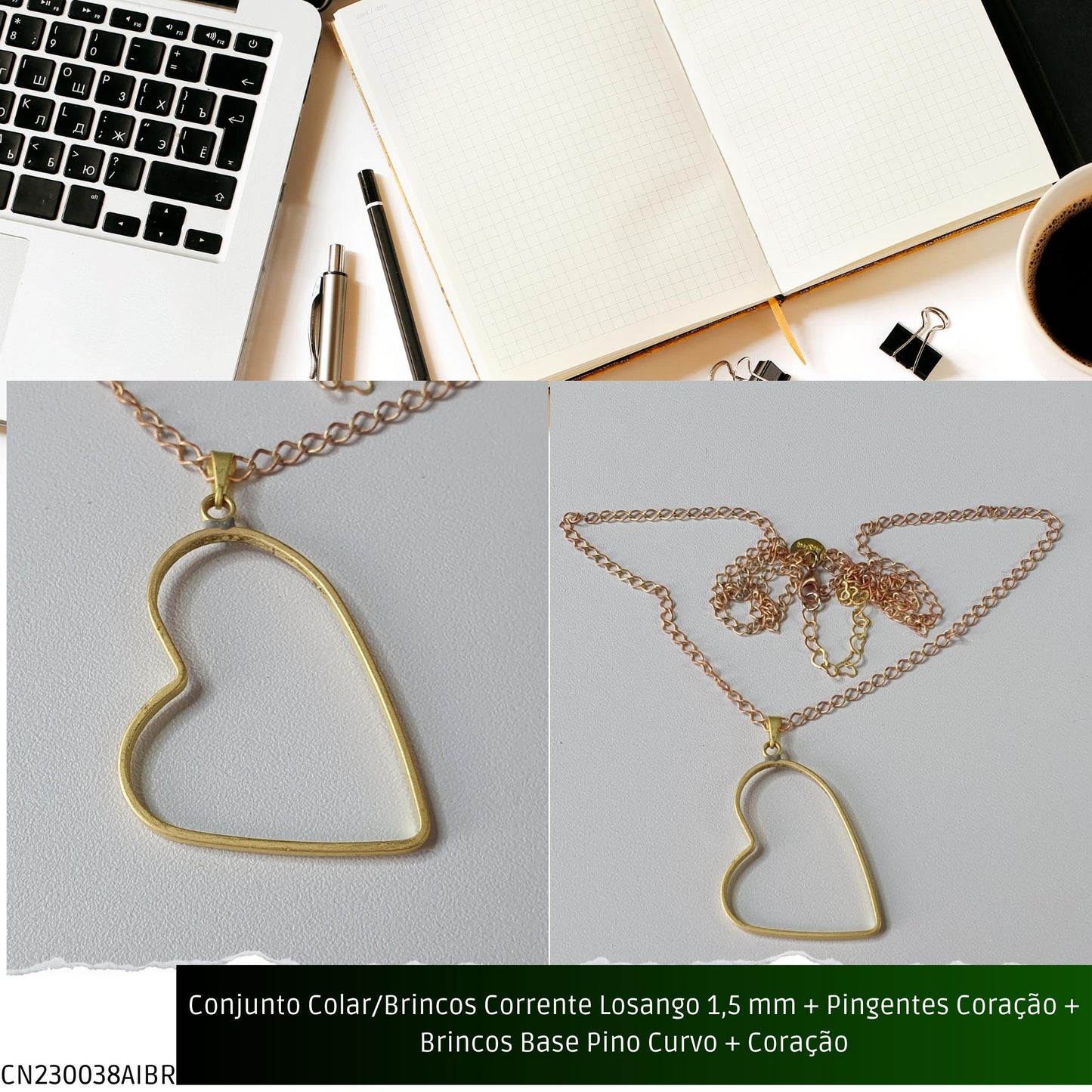 Conjunto Colar/Brincos Corrente Losango 1.5 mm + Pingentes Coração + Brincos Base Pino Curvo + Coração  - Código.: CN230038AIBR  - Peso.: 10.8 gr