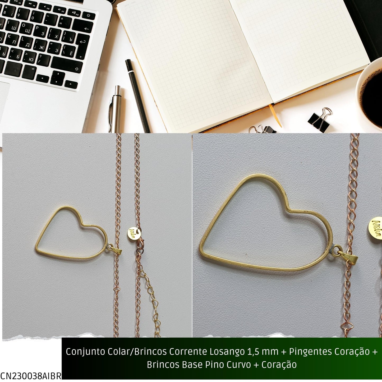 Conjunto Colar/Brincos Corrente Losango 1.5 mm + Pingentes Coração + Brincos Base Pino Curvo + Coração  - Código.: CN230038AIBR  - Peso.: 10.8 gr