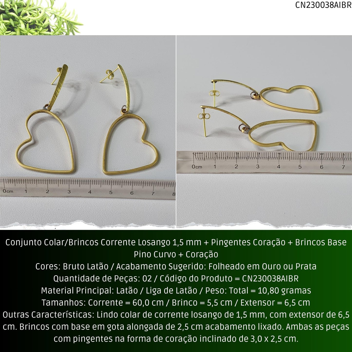 Conjunto Colar/Brincos Corrente Losango 1.5 mm + Pingentes Coração + Brincos Base Pino Curvo + Coração  - Código.: CN230038AIBR  - Peso.: 10.8 gr