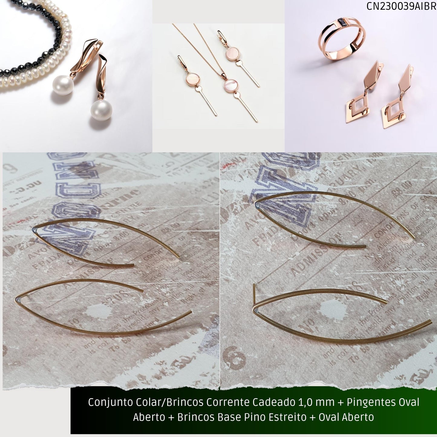 Conjunto Colar/Brincos Corrente Cadeado 1.0 mm + Pingentes Oval Aberto + Brincos Base Pino Estreito + Oval Aberto  - Código.: CN230039AIBR  - Peso.: 9.5 gr
