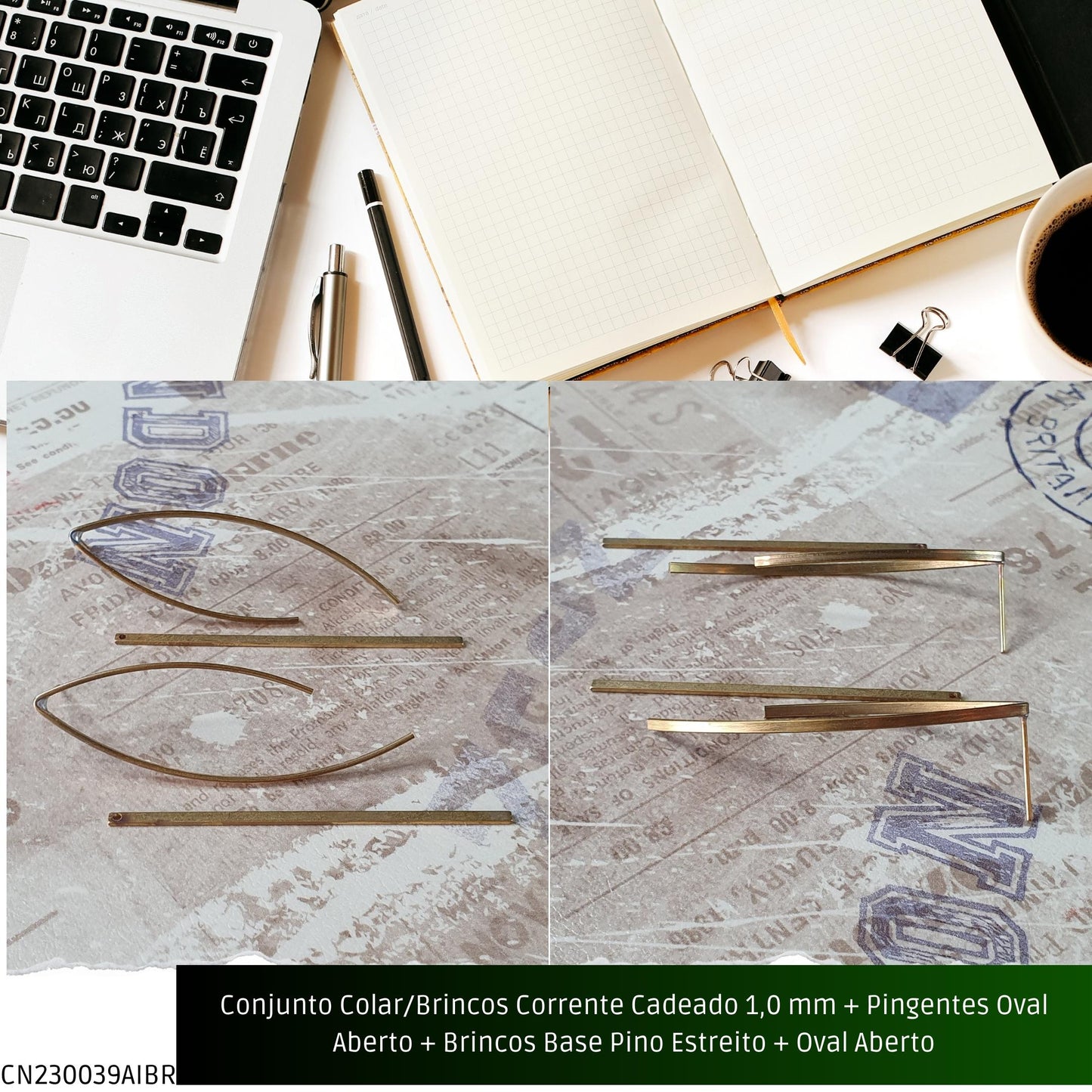 Conjunto Colar/Brincos Corrente Cadeado 1.0 mm + Pingentes Oval Aberto + Brincos Base Pino Estreito + Oval Aberto  - Código.: CN230039AIBR  - Peso.: 9.5 gr