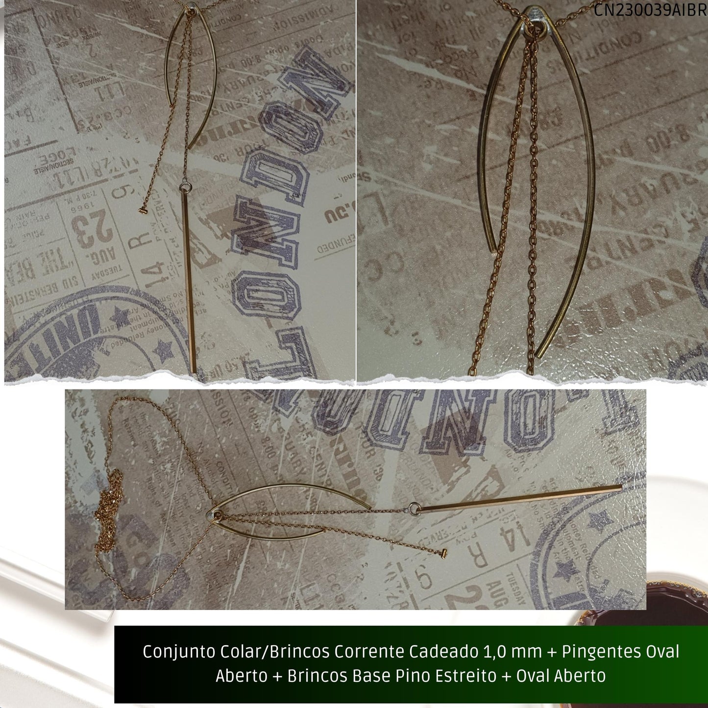 Conjunto Colar/Brincos Corrente Cadeado 1.0 mm + Pingentes Oval Aberto + Brincos Base Pino Estreito + Oval Aberto  - Código.: CN230039AIBR  - Peso.: 9.5 gr