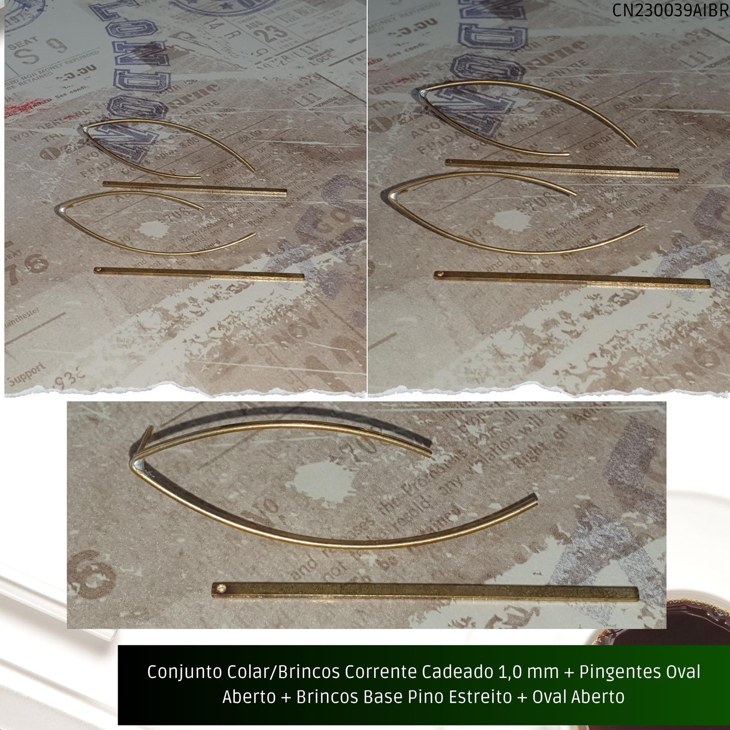 Conjunto Colar/Brincos Corrente Cadeado 1.0 mm + Pingentes Oval Aberto + Brincos Base Pino Estreito + Oval Aberto  - Código.: CN230039AIBR  - Peso.: 9.5 gr