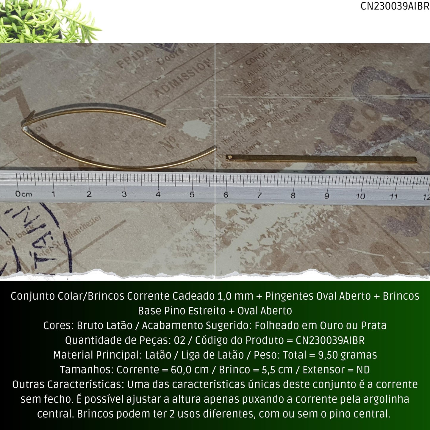 Conjunto Colar/Brincos Corrente Cadeado 1.0 mm + Pingentes Oval Aberto + Brincos Base Pino Estreito + Oval Aberto  - Código.: CN230039AIBR  - Peso.: 9.5 gr