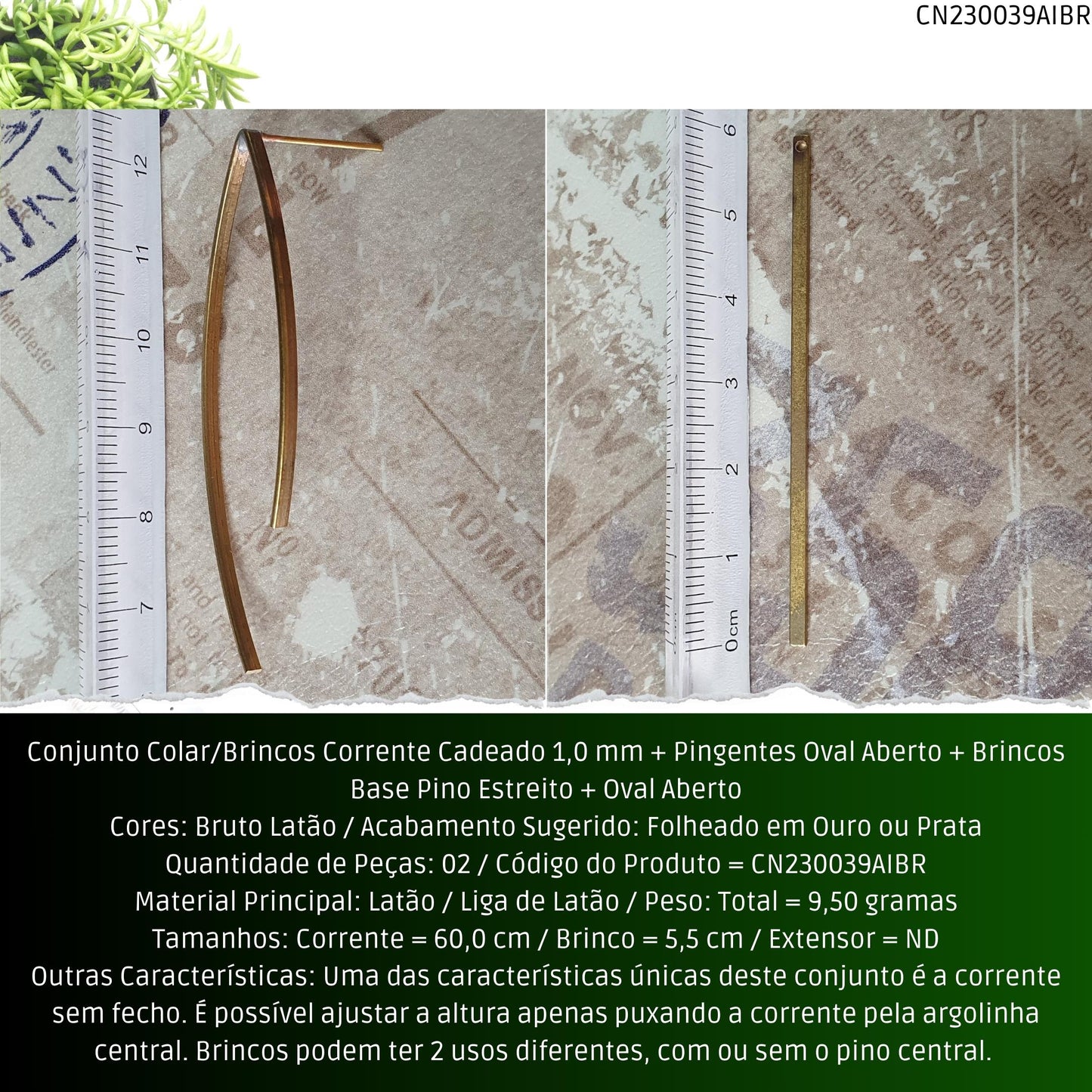 Conjunto Colar/Brincos Corrente Cadeado 1.0 mm + Pingentes Oval Aberto + Brincos Base Pino Estreito + Oval Aberto  - Código.: CN230039AIBR  - Peso.: 9.5 gr