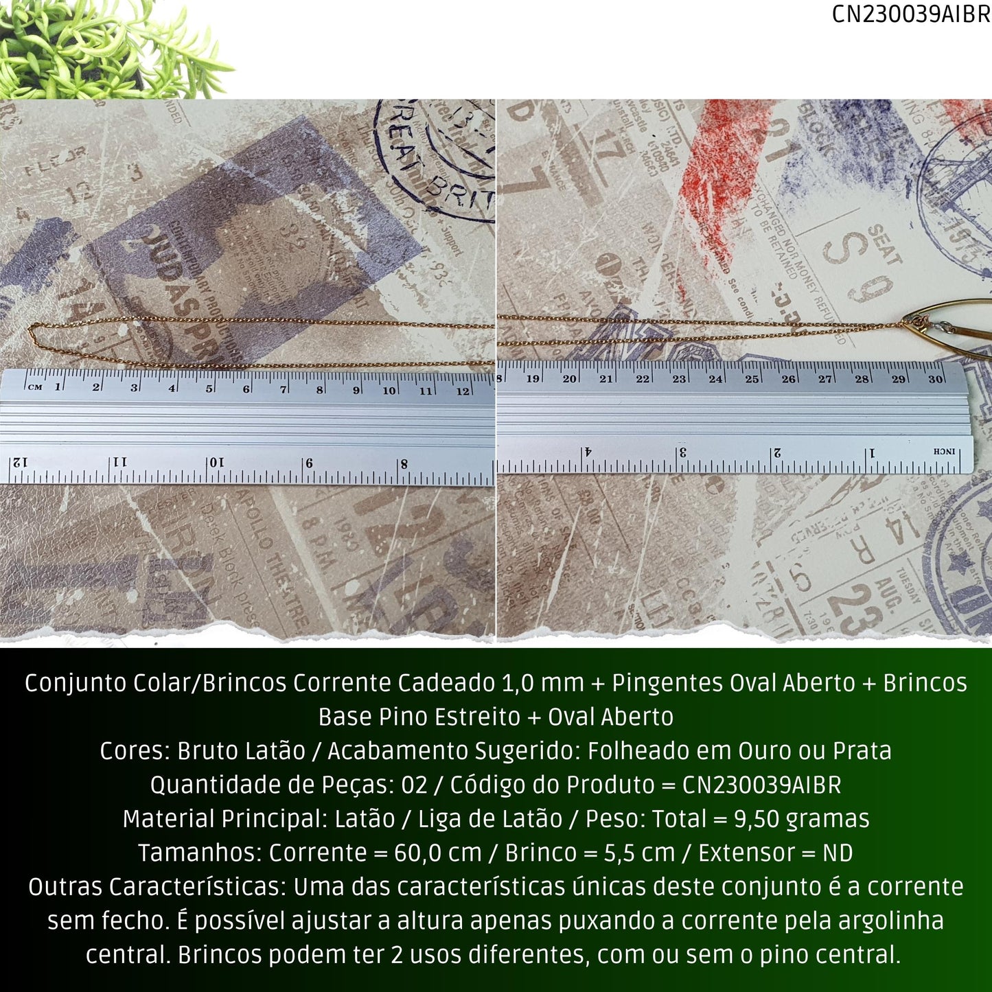 Conjunto Colar/Brincos Corrente Cadeado 1.0 mm + Pingentes Oval Aberto + Brincos Base Pino Estreito + Oval Aberto  - Código.: CN230039AIBR  - Peso.: 9.5 gr